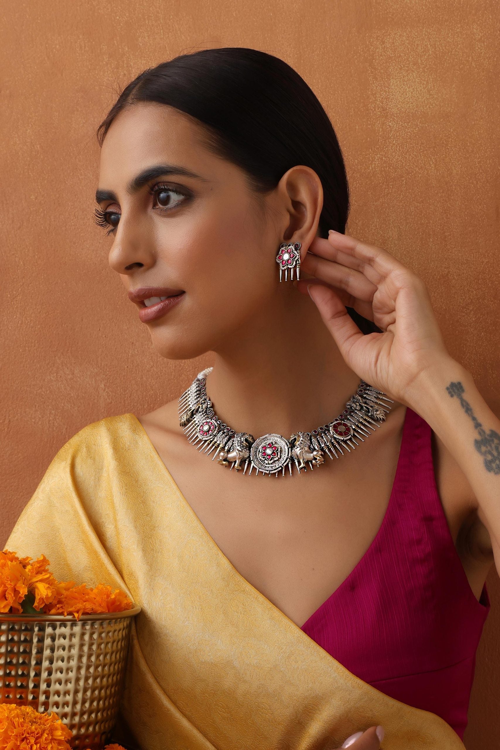 Red Silver Tone Jadau Kundan Necklace Set