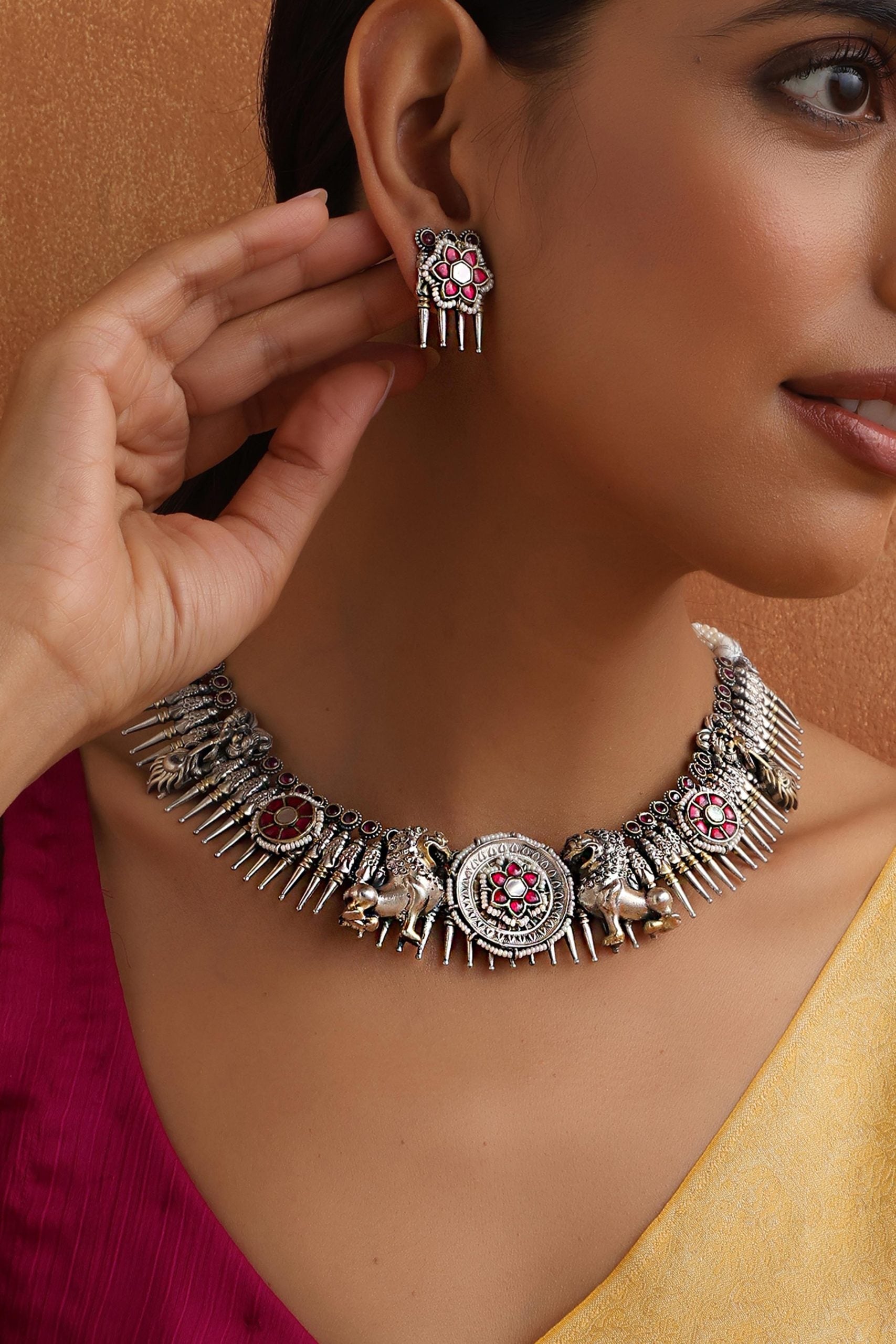 Red Silver Tone Jadau Kundan Necklace Set