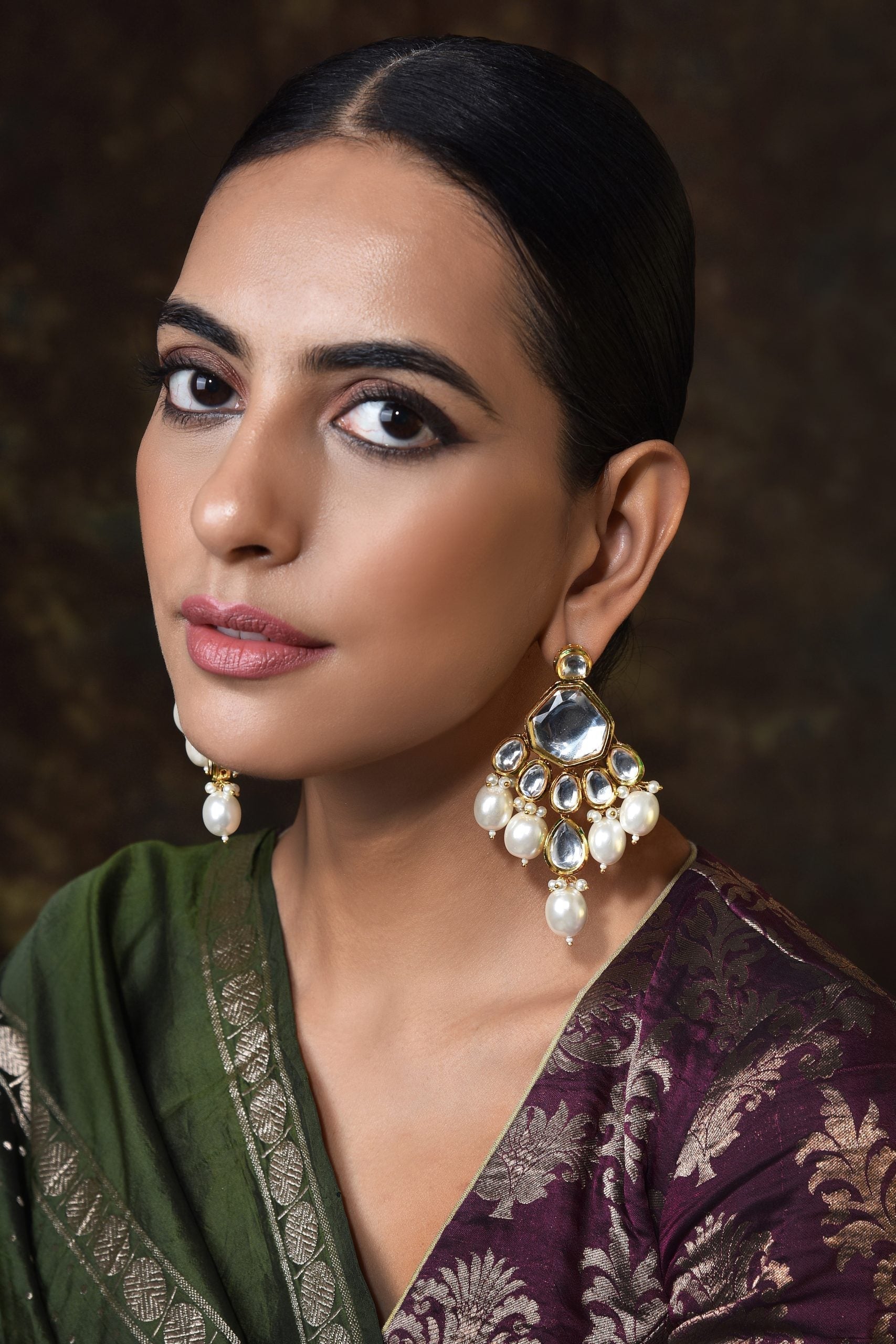 Gold Tone Kundan Pearl Earrings