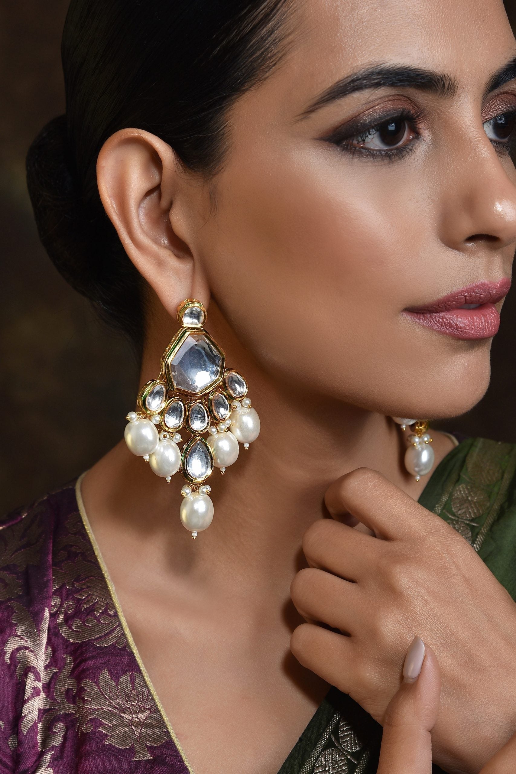 Gold Tone Kundan Pearl Earrings