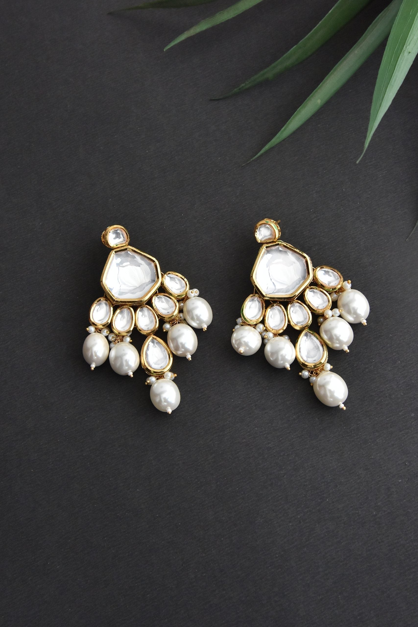 Gold Tone Kundan Pearl Earrings