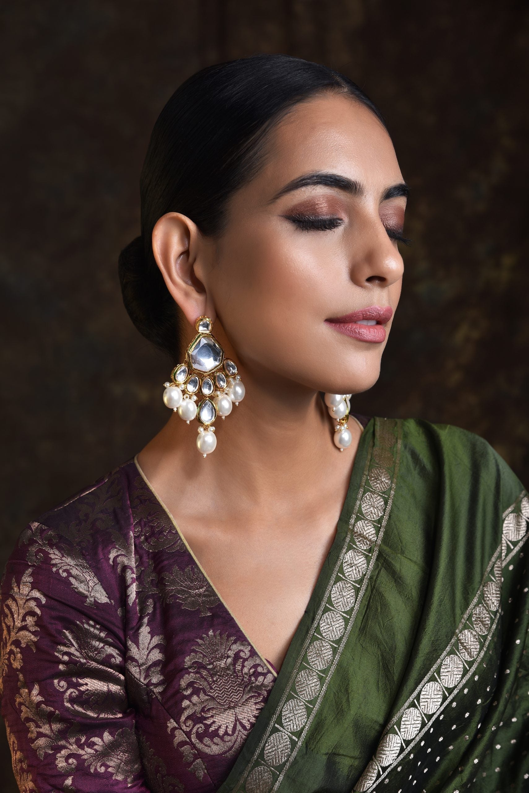 Gold Tone Kundan Pearl Earrings