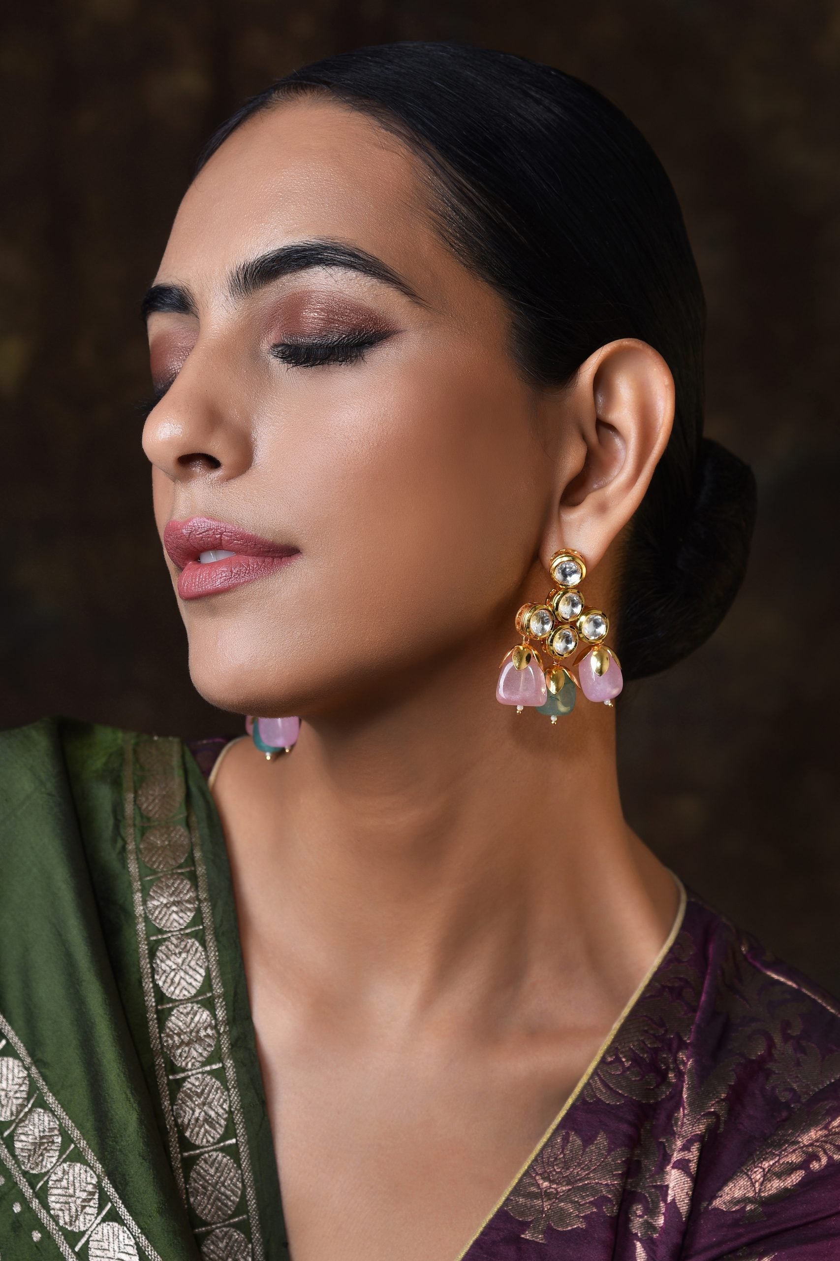 Pink Gold Tone Kundan Earrings