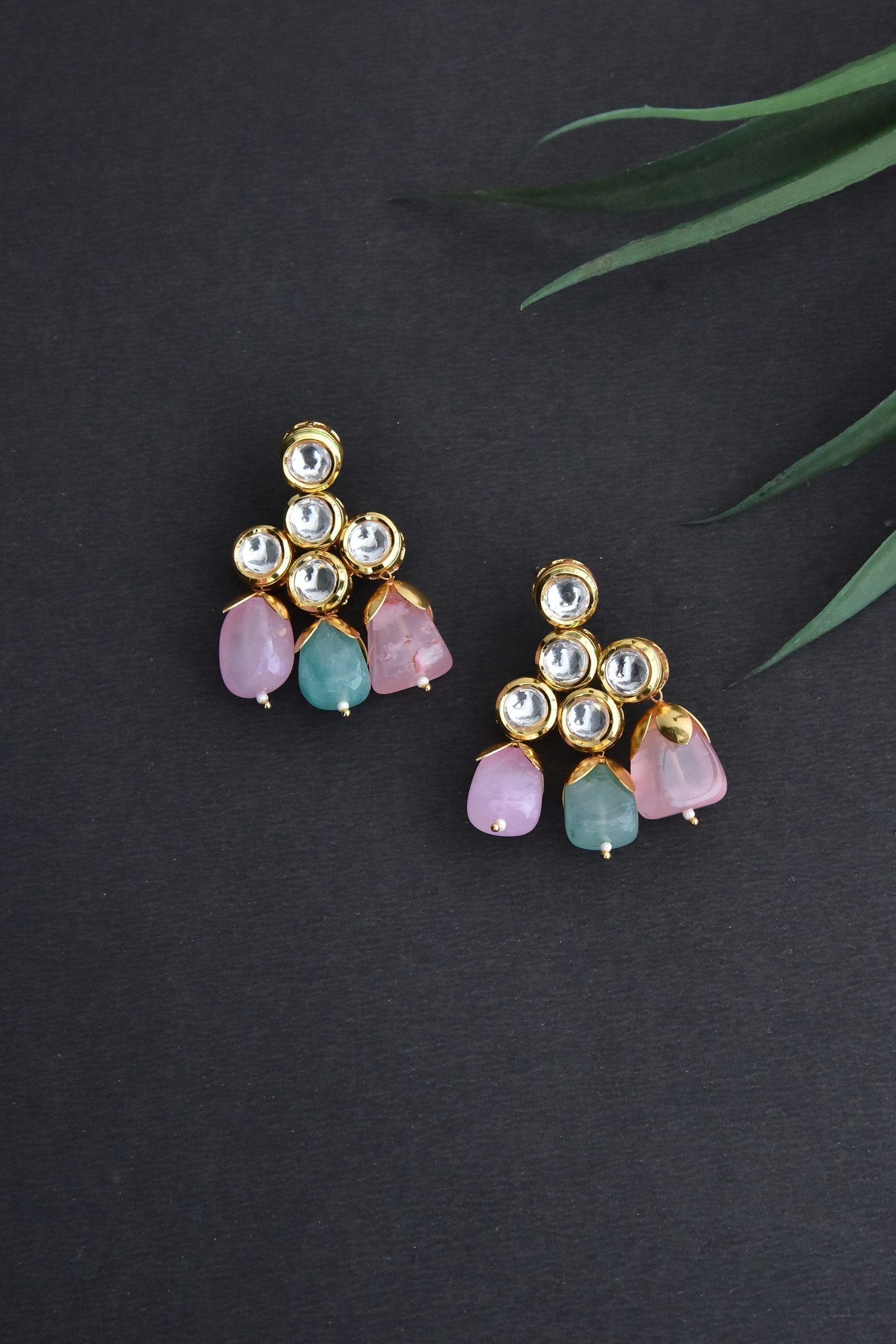 Pink Gold Tone Kundan Earrings