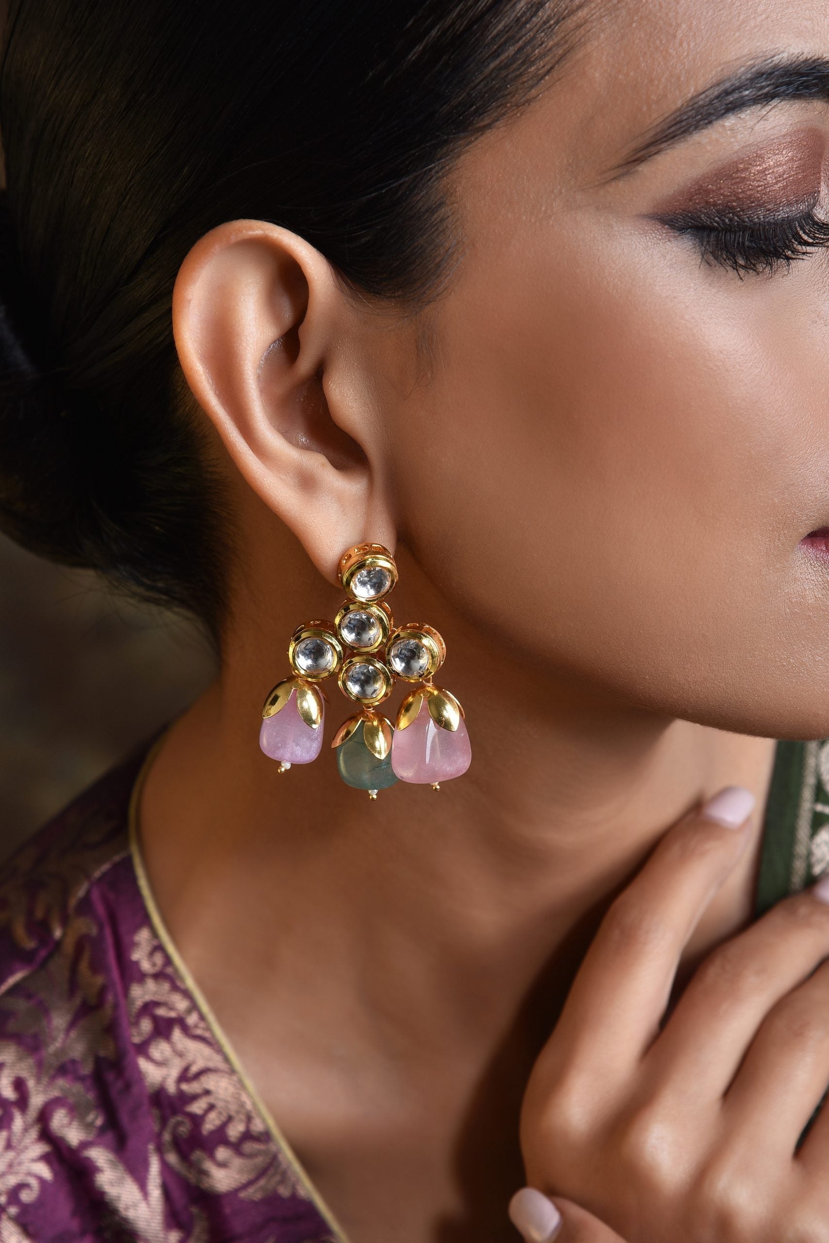 Pink Gold Tone Kundan Earrings