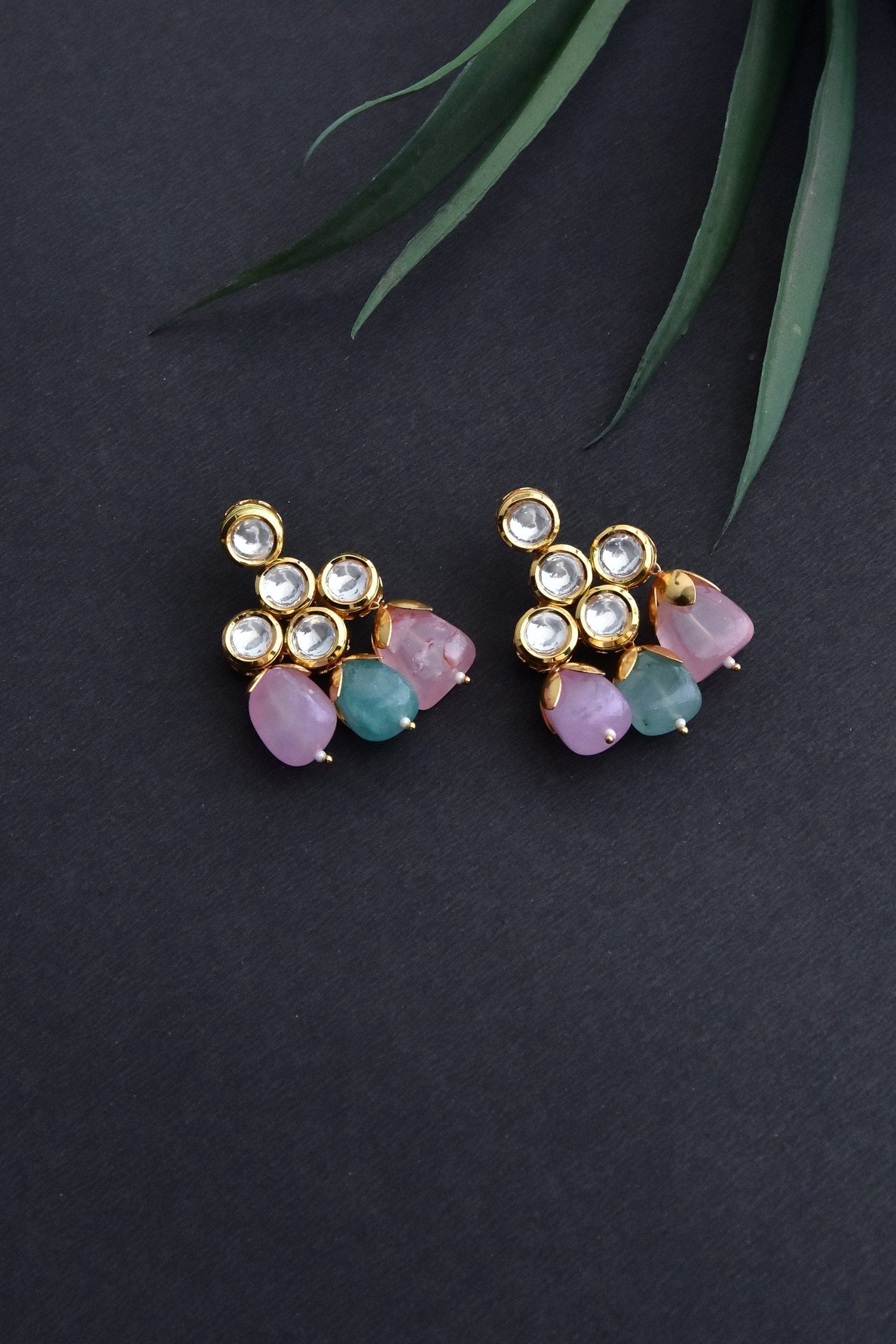 Pink Gold Tone Kundan Earrings