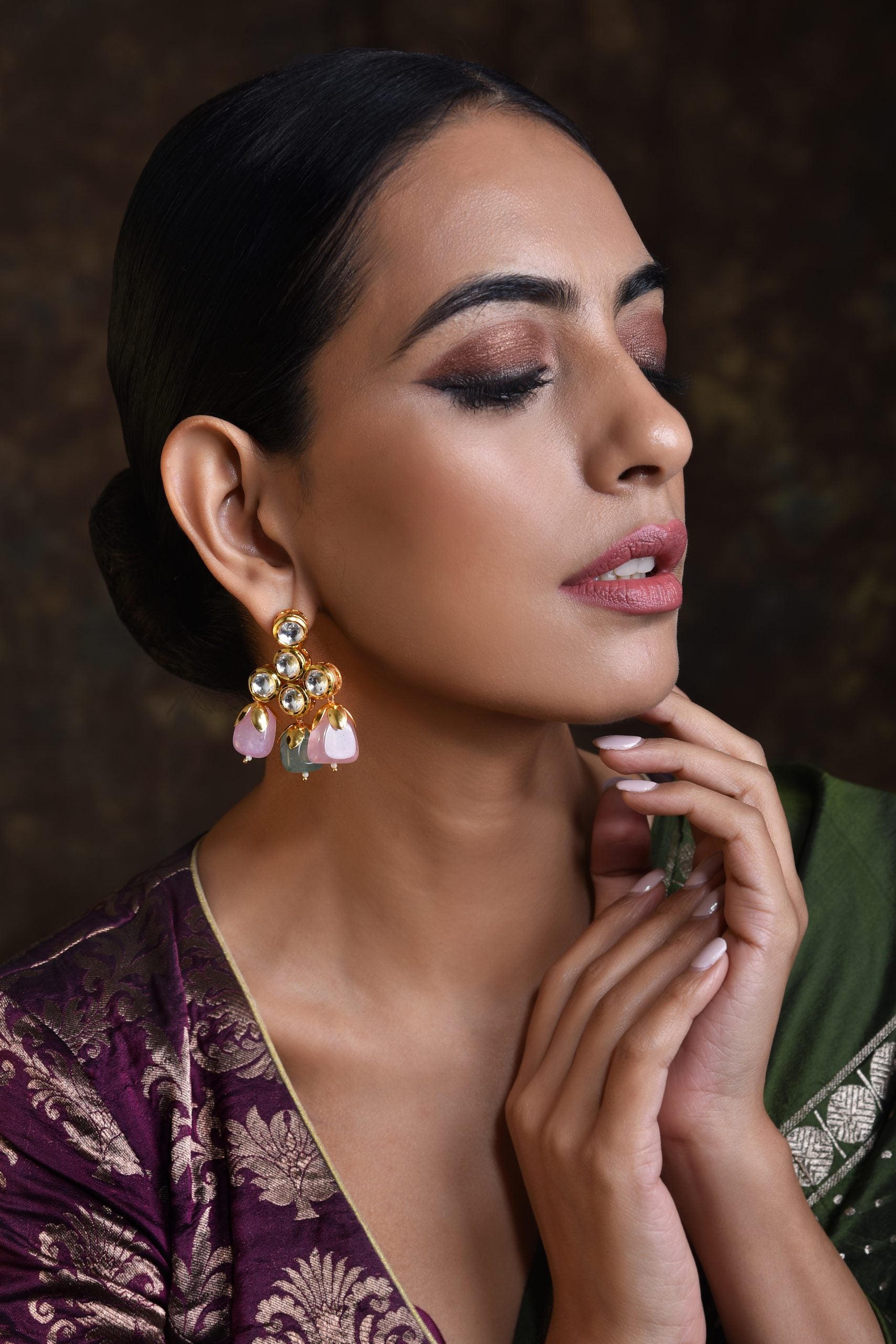 Pink Gold Tone Kundan Earrings