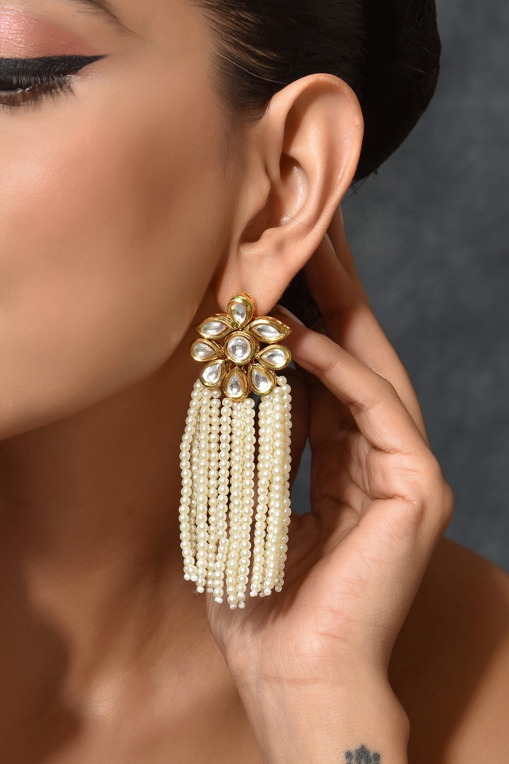 White Gold Tone Kundan Earrings with Pearls