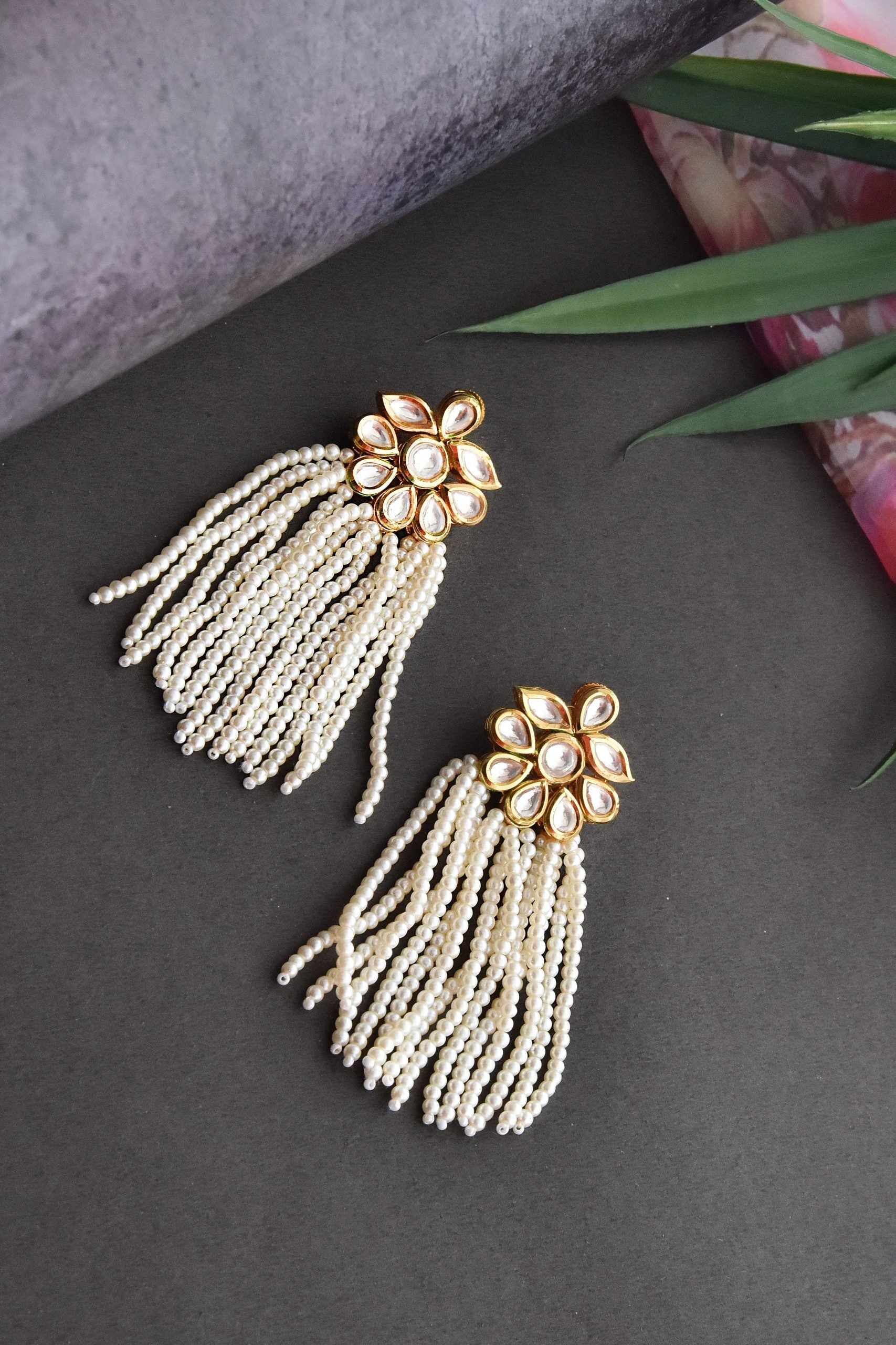 White Gold Tone Kundan Earrings with Pearls