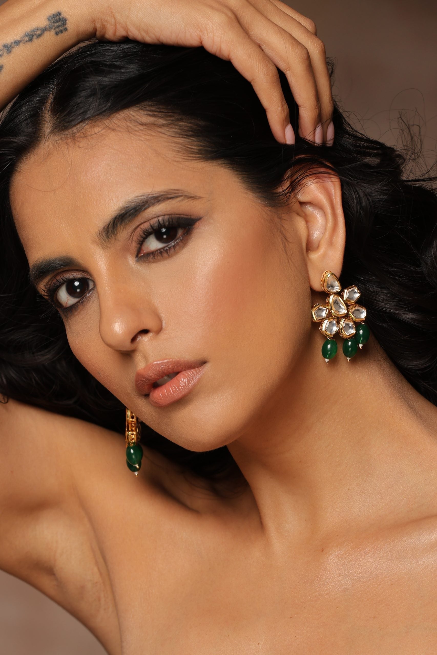 Green Gold Tone Kundan Earrings