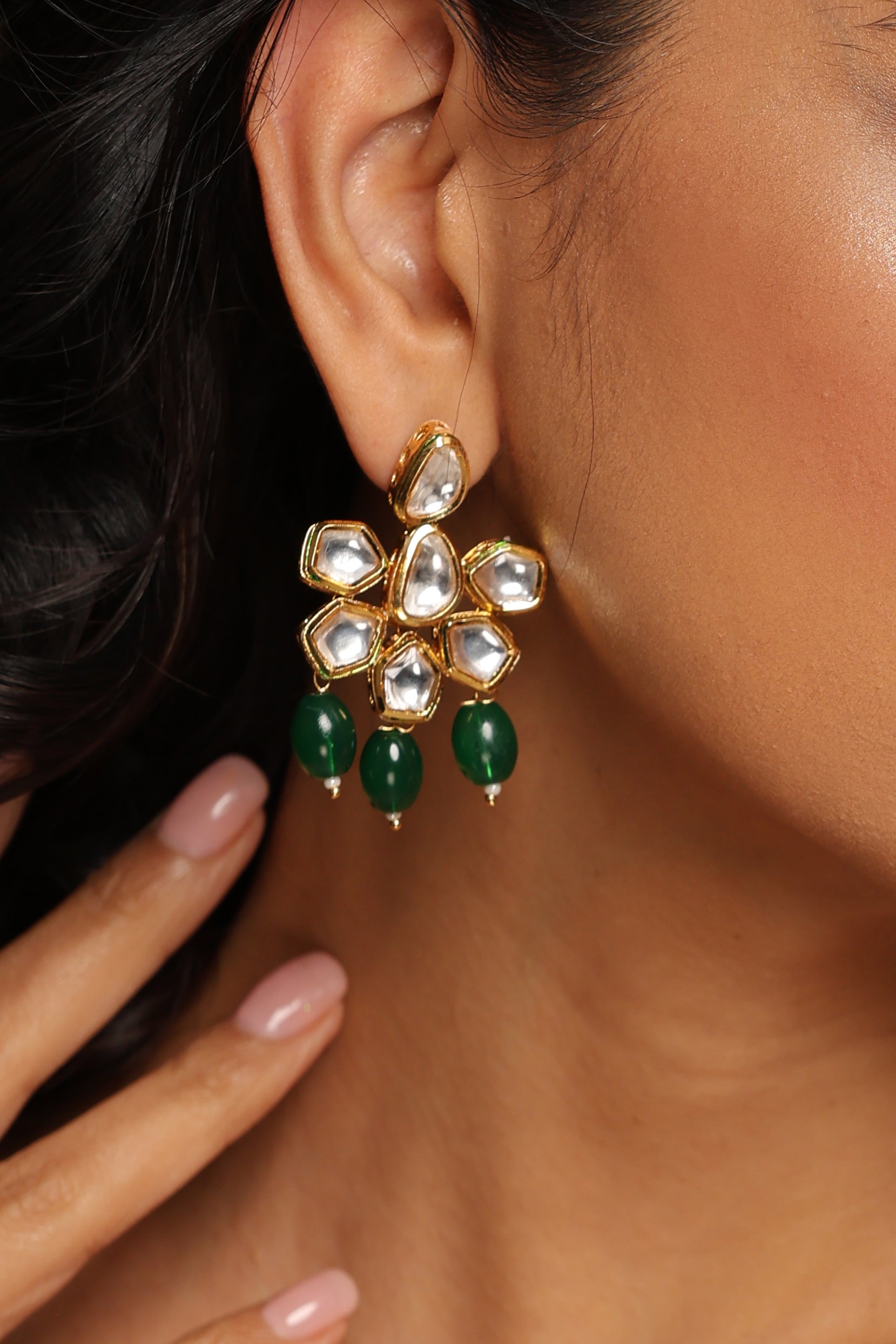 Green Gold Tone Kundan Earrings