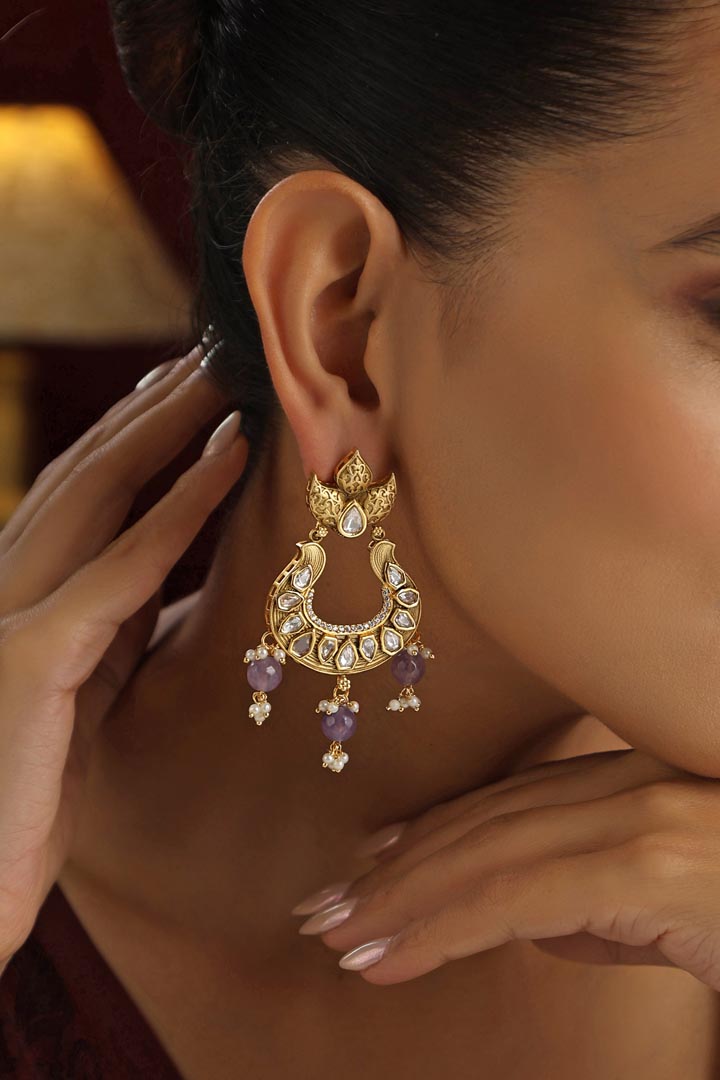 Purple Kundan Chandbali Earrings