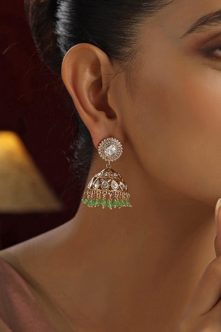 Green Polki Jhumka Earrings