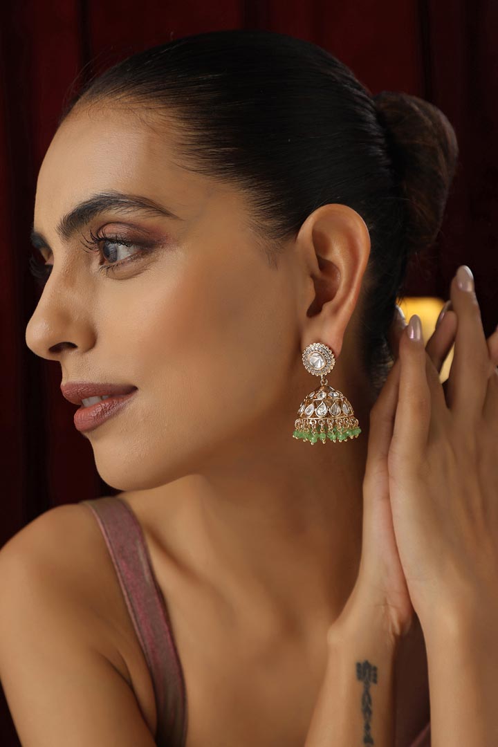 Green Polki Jhumka Earrings