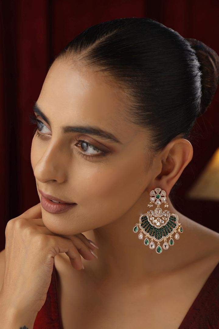 Green Polki Chandbali Earrings