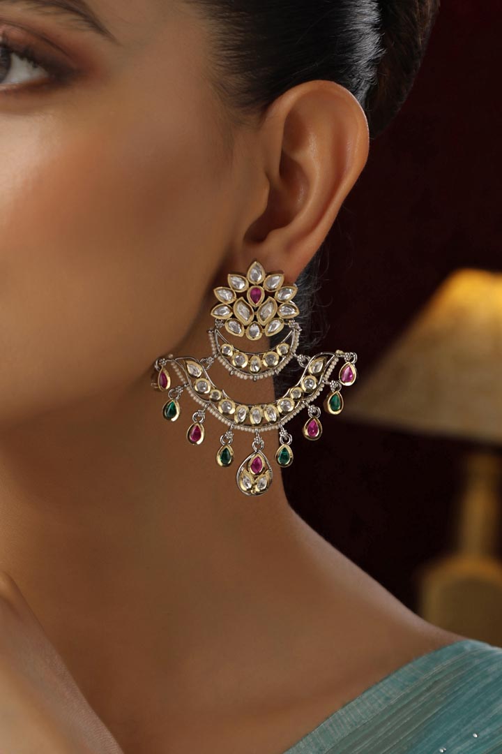 Multicolour Polki Chandbali Earrings