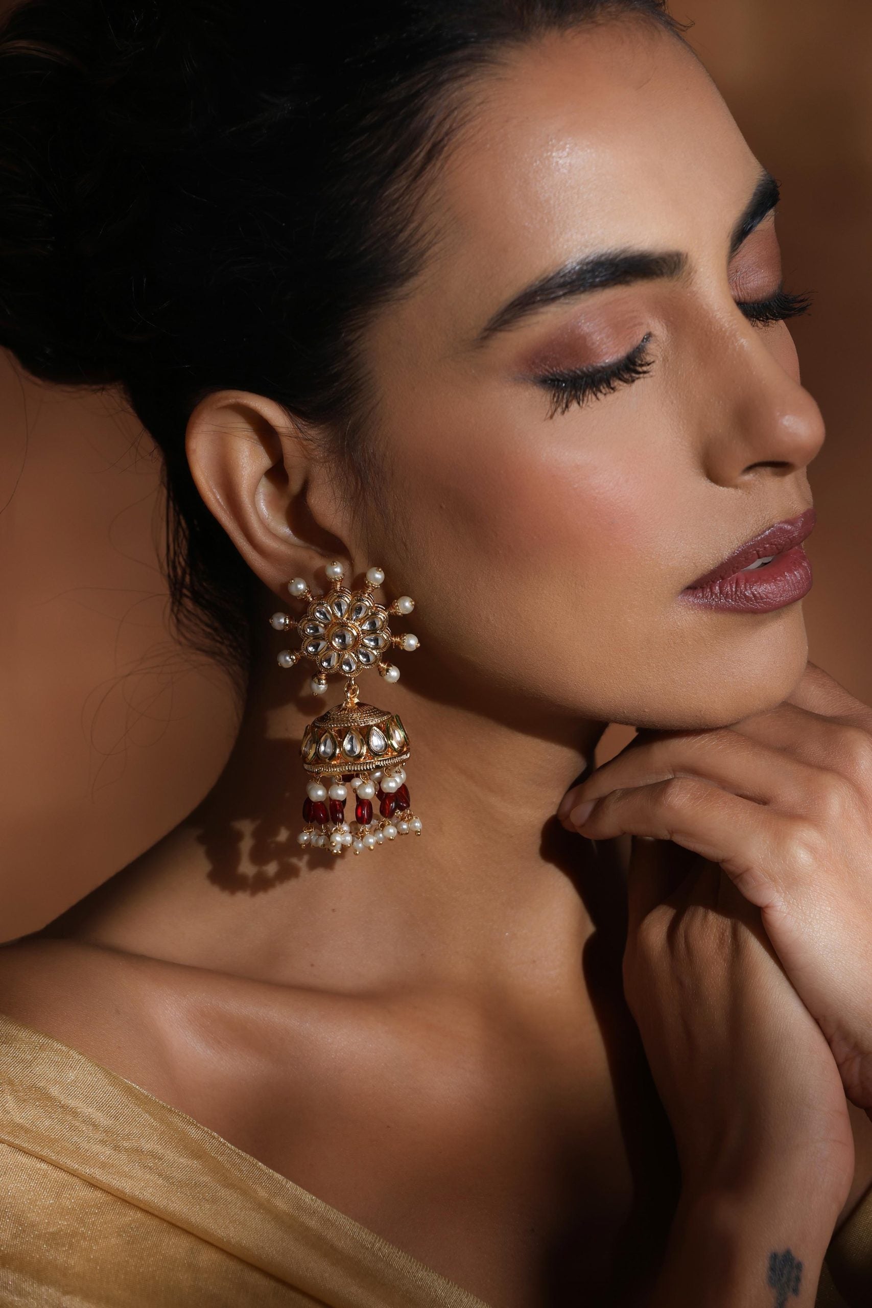 Red Kundan Jhumka Earrings