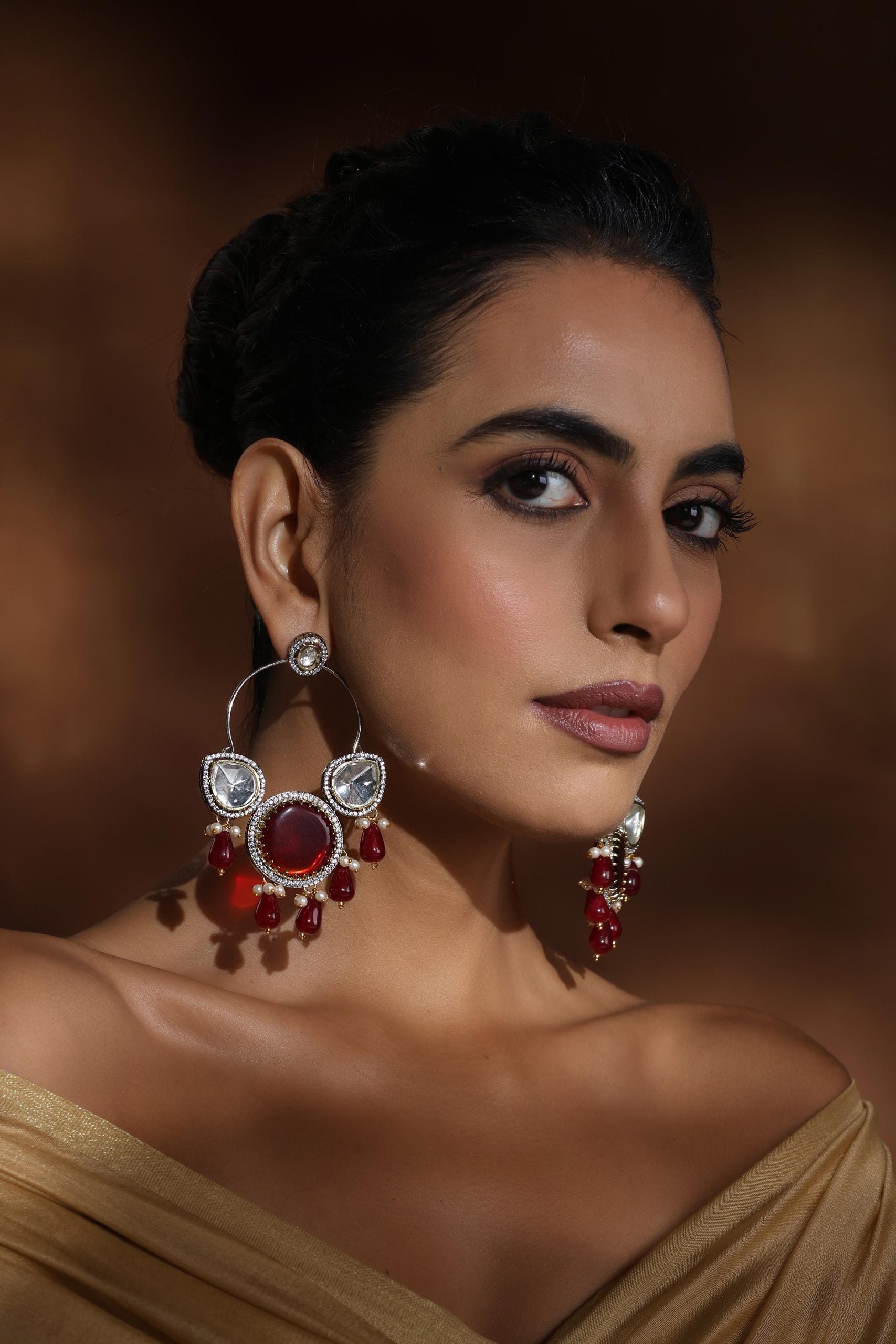 Red Silver Polki Chandbali Earrings