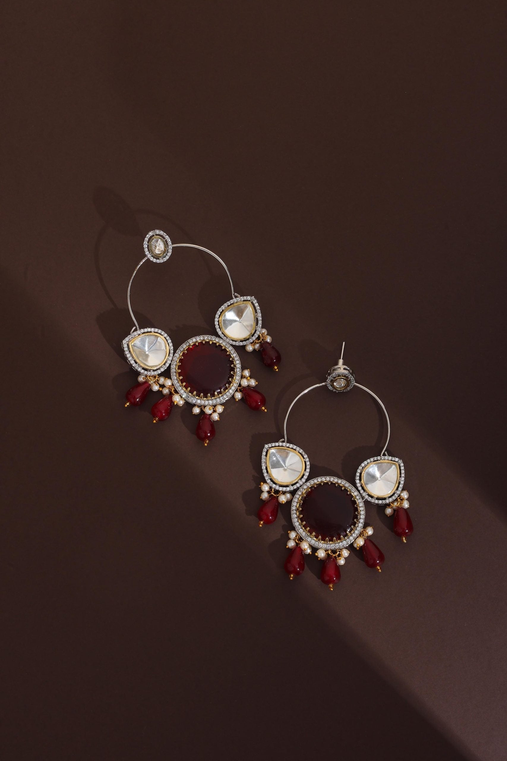 Red Silver Polki Chandbali Earrings