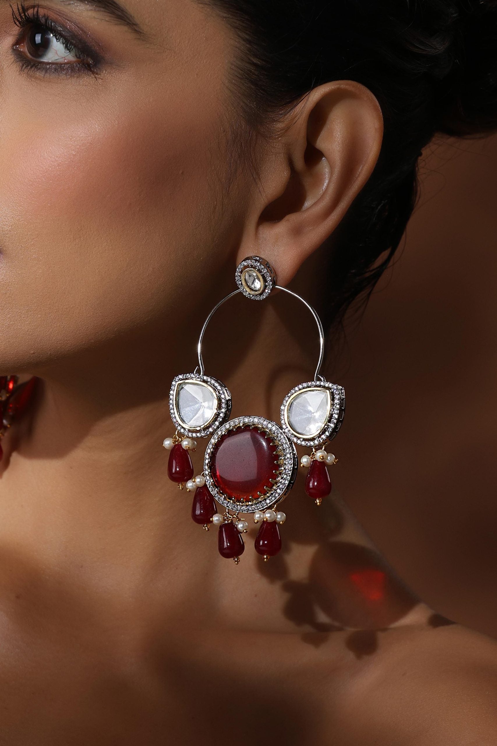 Red Silver Polki Chandbali Earrings