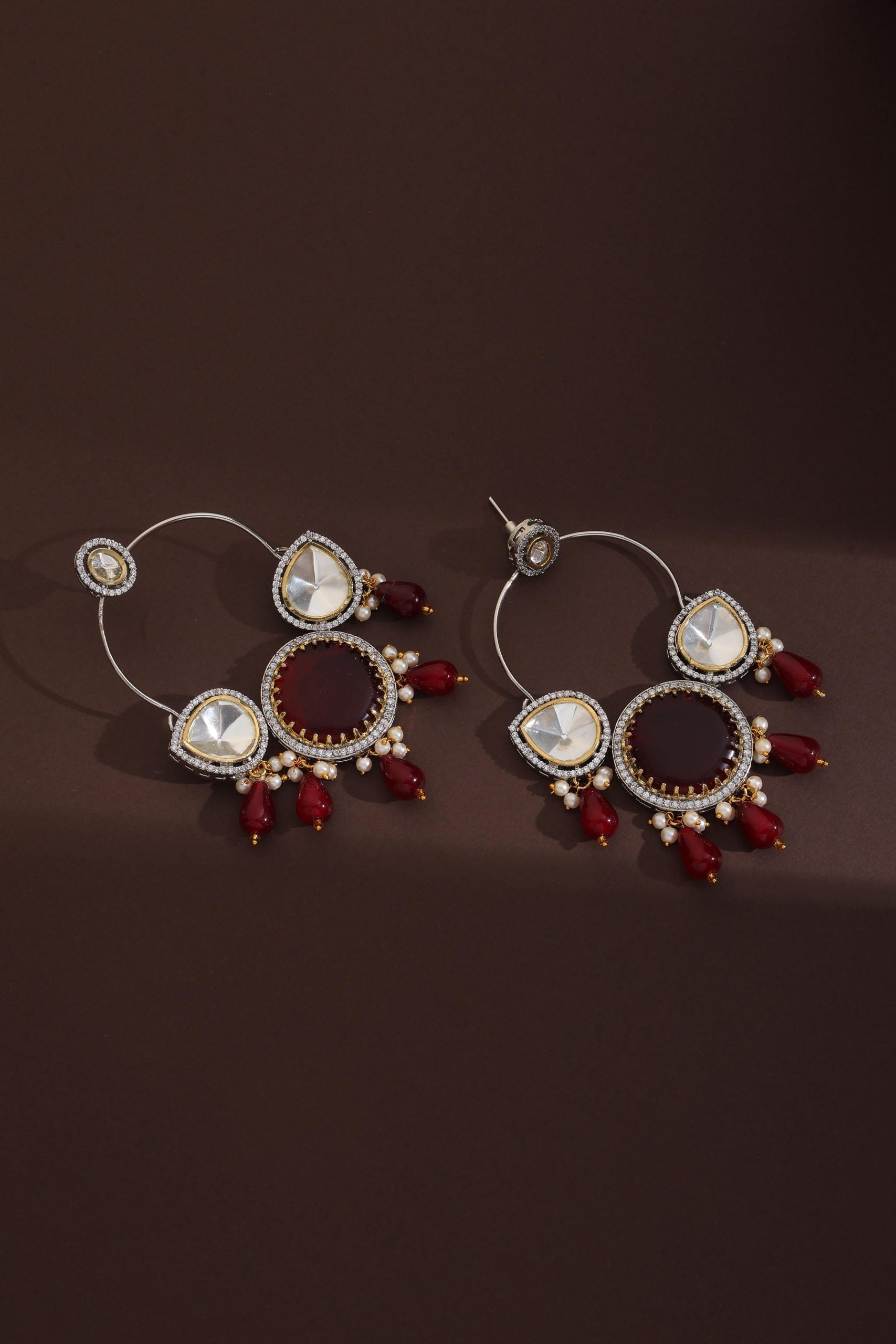 Red Silver Polki Chandbali Earrings