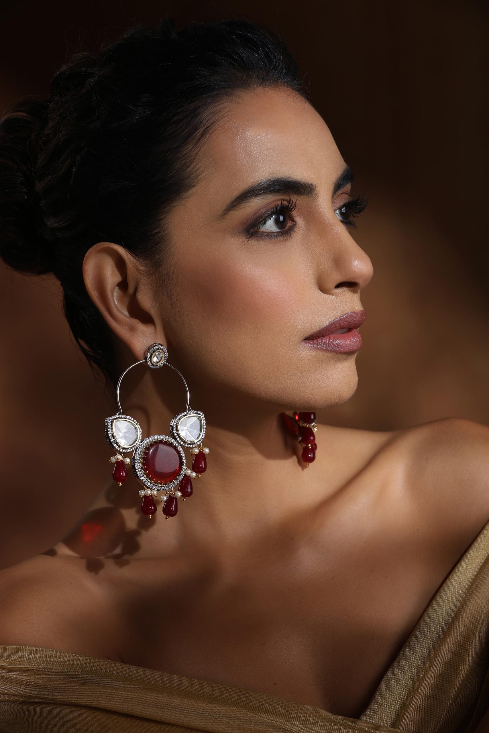 Red Silver Polki Chandbali Earrings