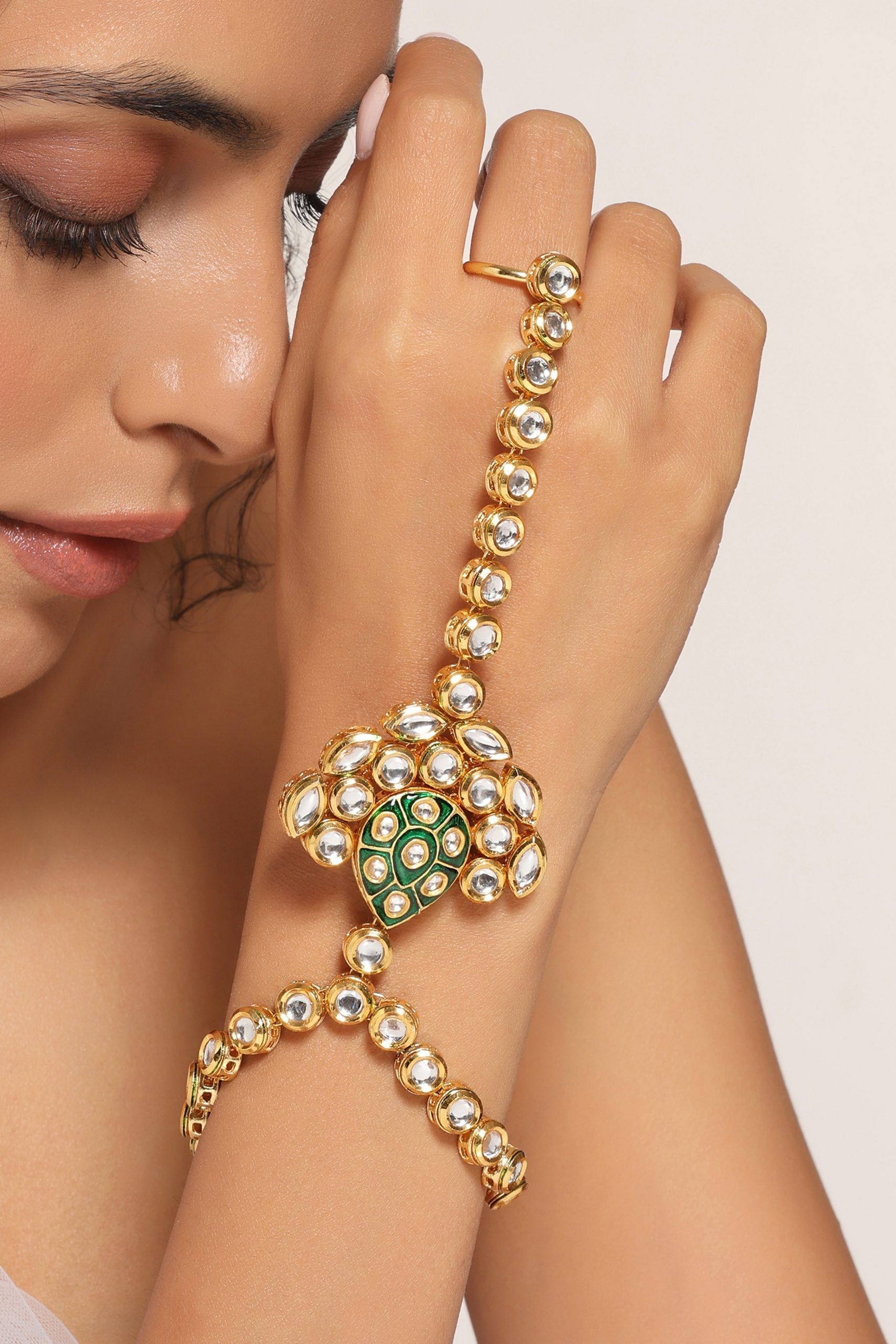 Green Gold Tone Kundan Hathphool