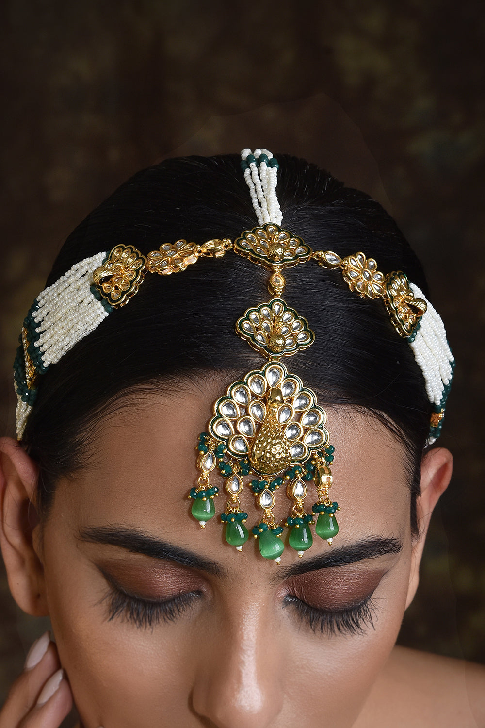 Green Gold Tone Kundan Pearl Matha Patti