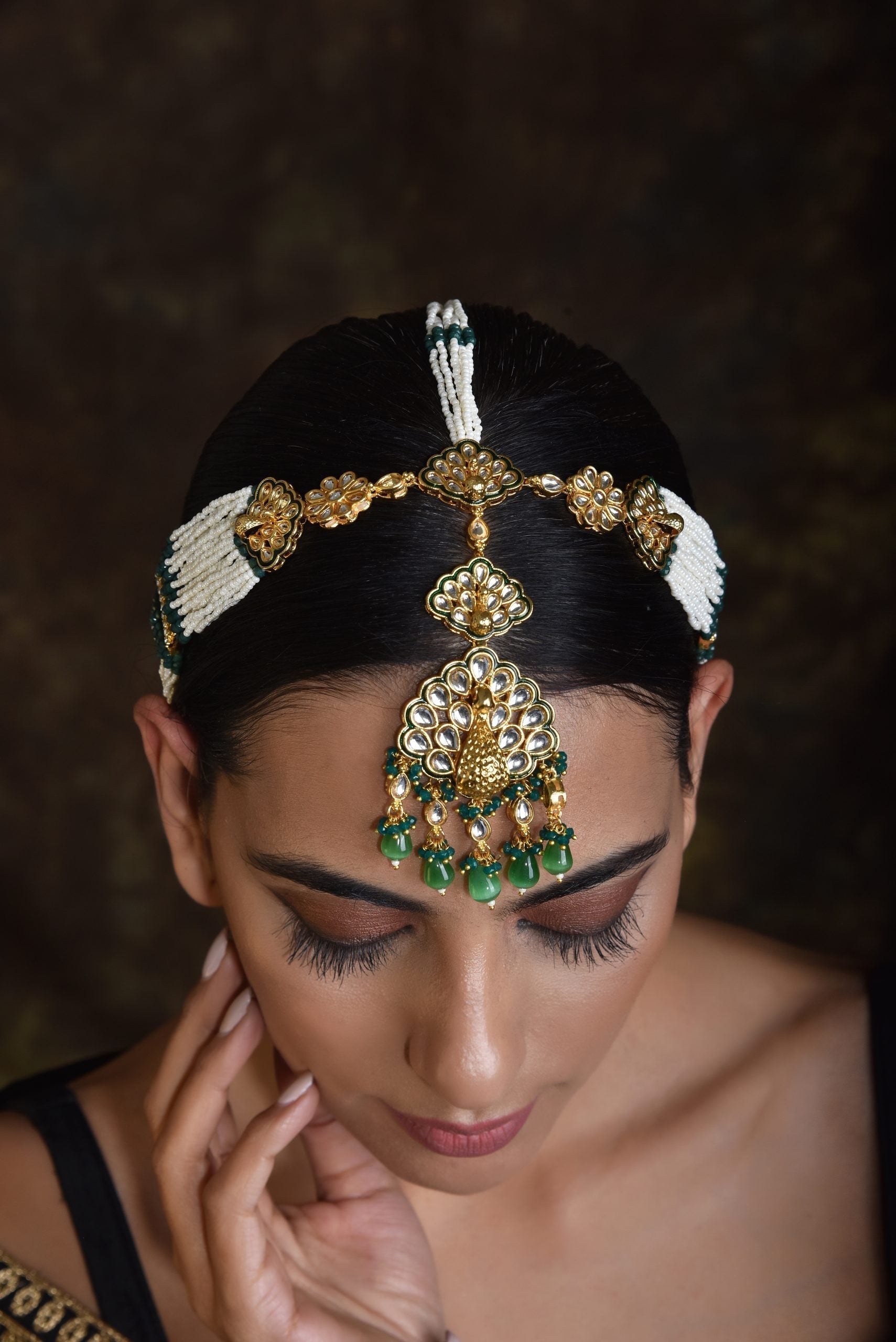 Green Gold Tone Kundan Pearl Matha Patti