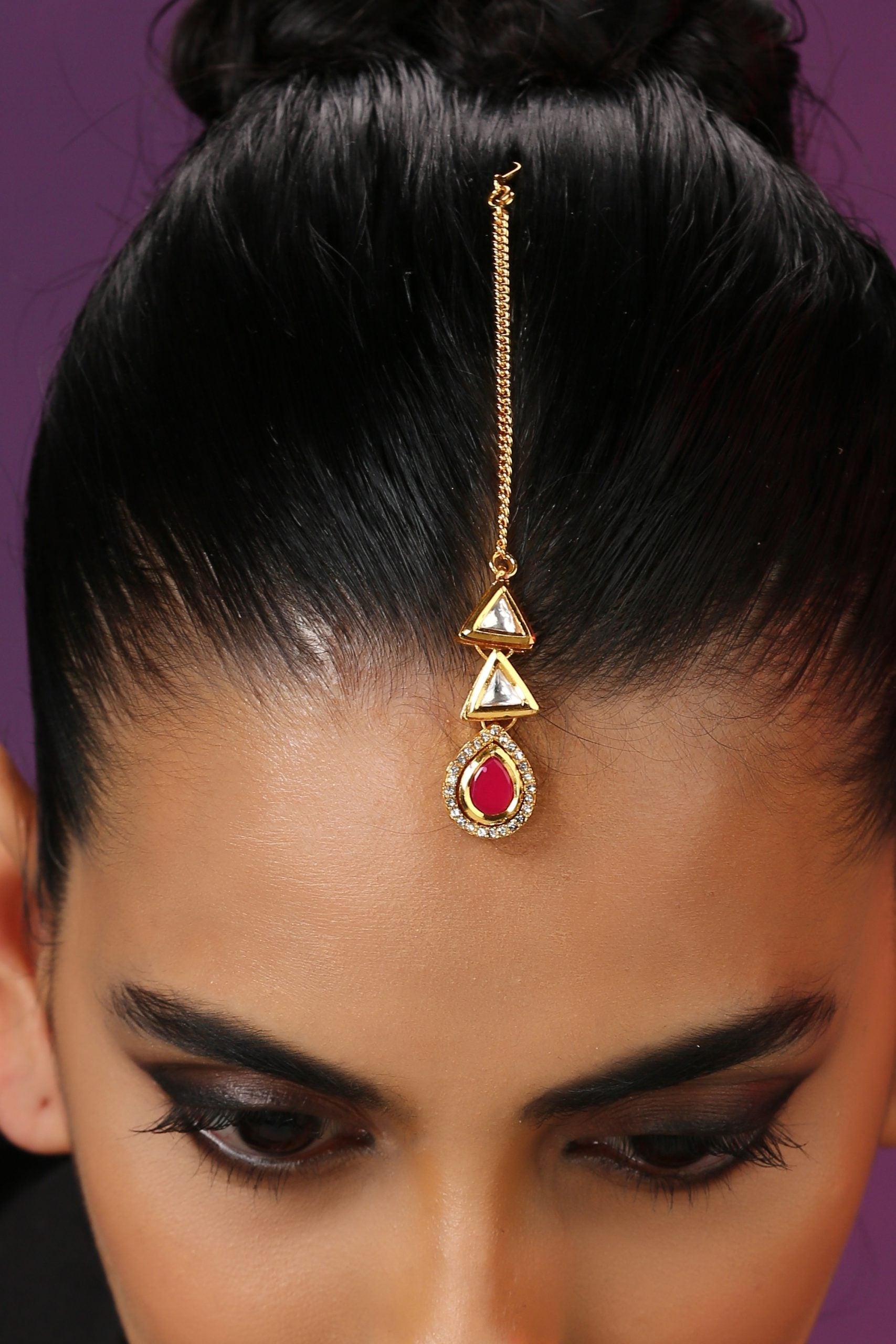 Red Gold Tone Kundan Maang Tikka