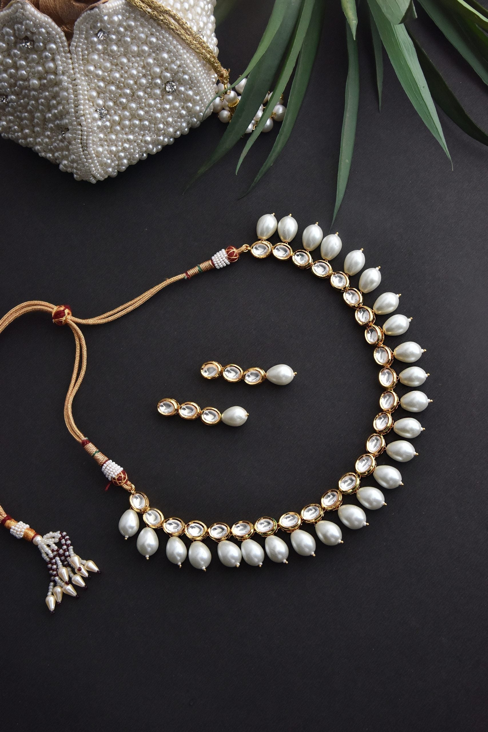 White Gold Tone Kundan Pearl Necklace Set