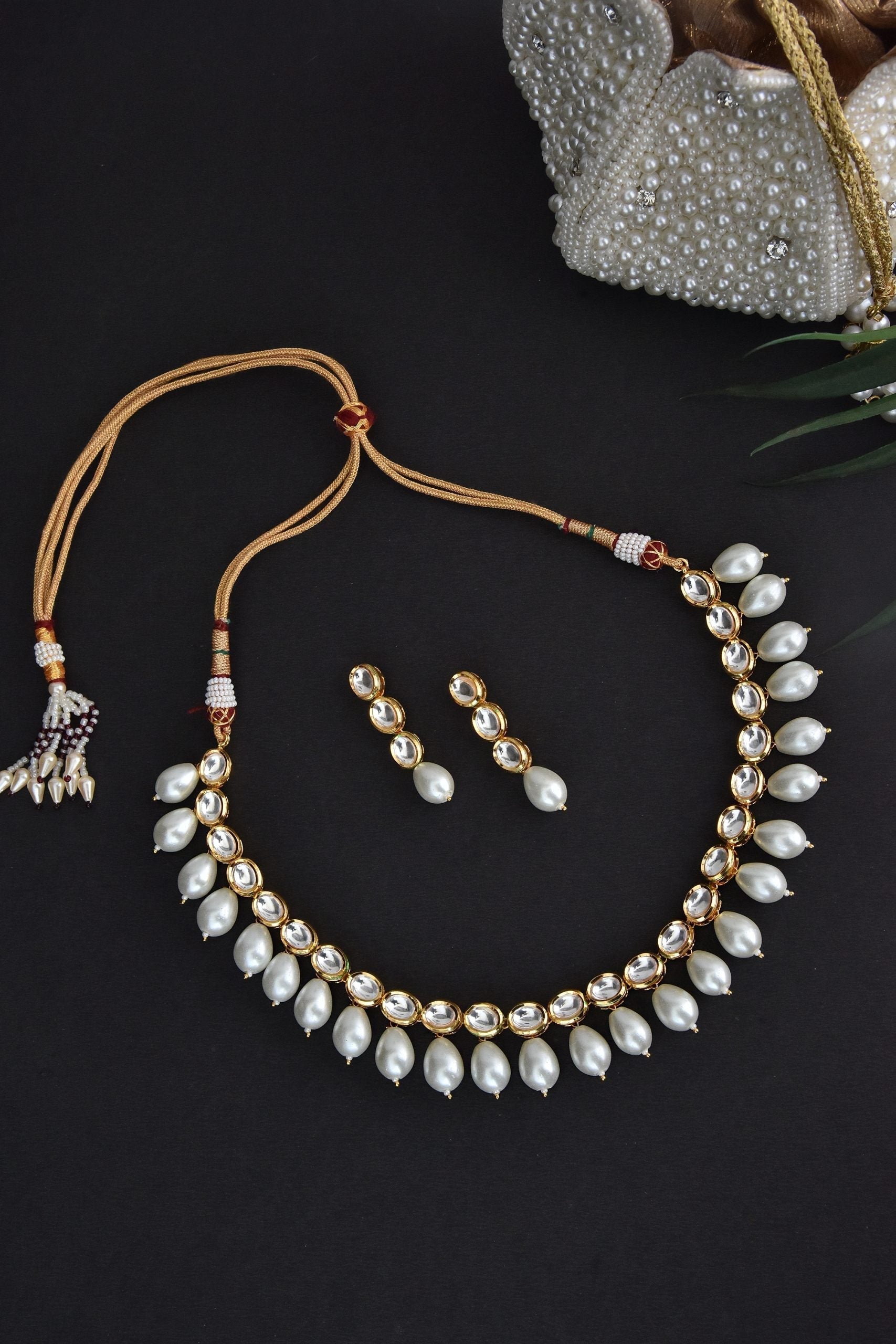 White Gold Tone Kundan Pearl Necklace Set