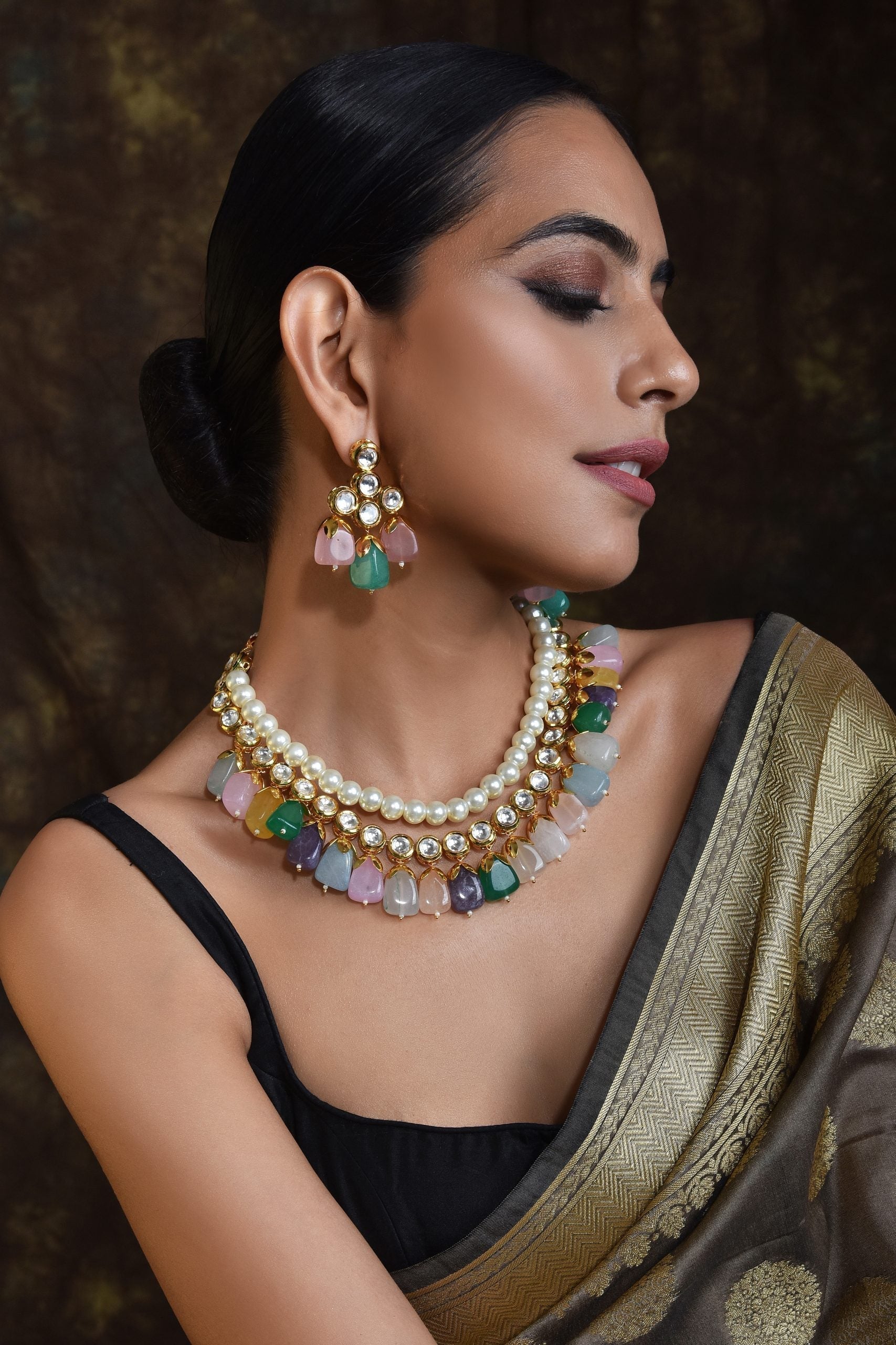 Multicolour Gold Tone Kundan Pearl Necklace Set