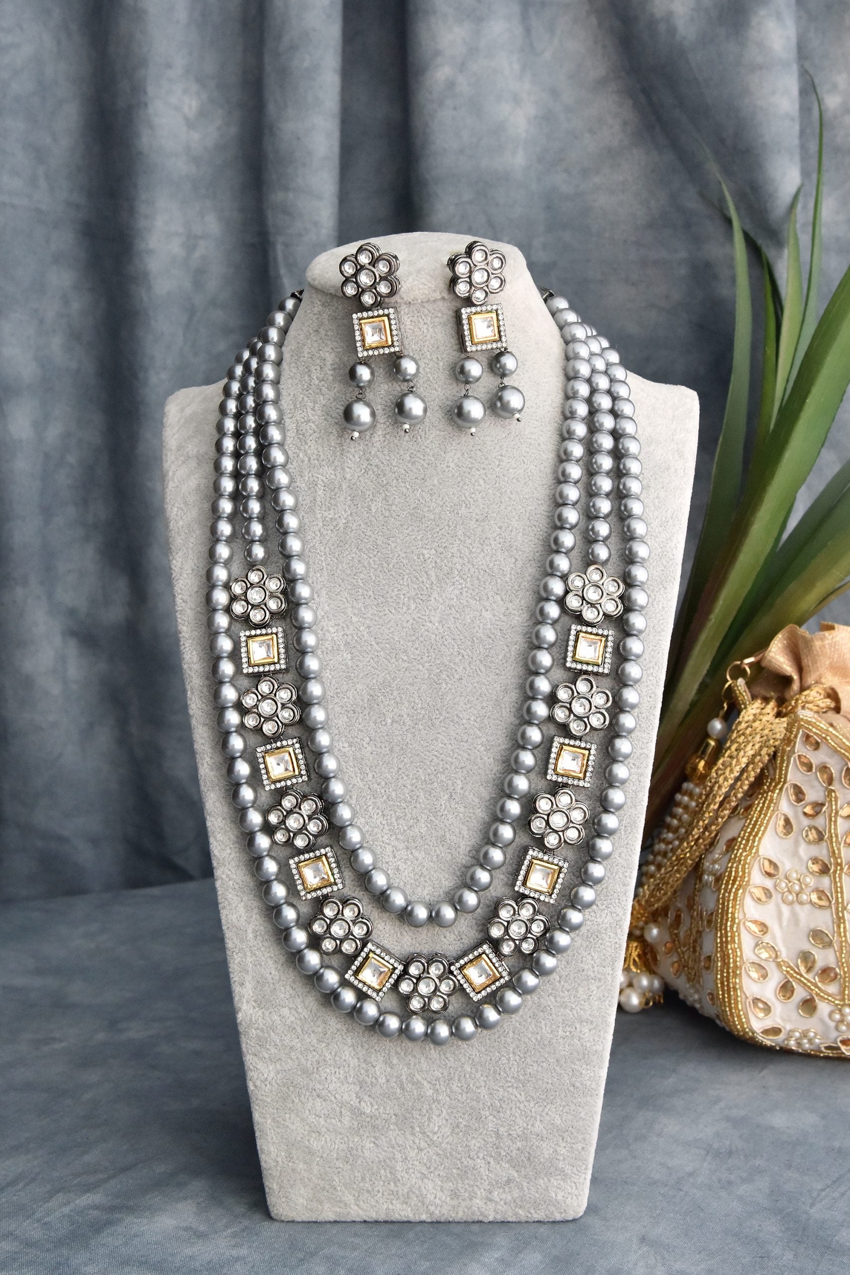 Grey Rhodium Plated Long Necklace Set