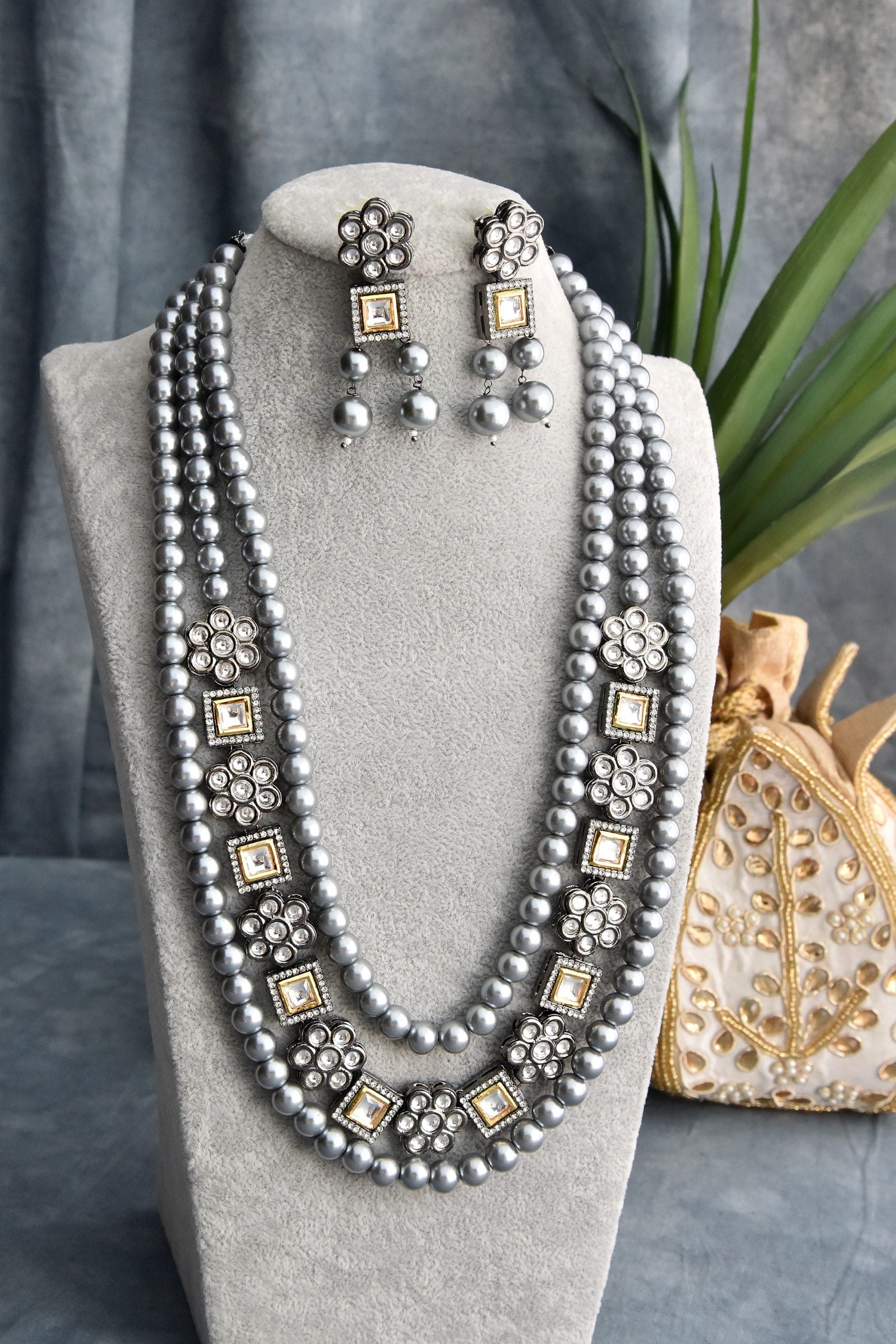 Grey Rhodium Plated Long Necklace Set