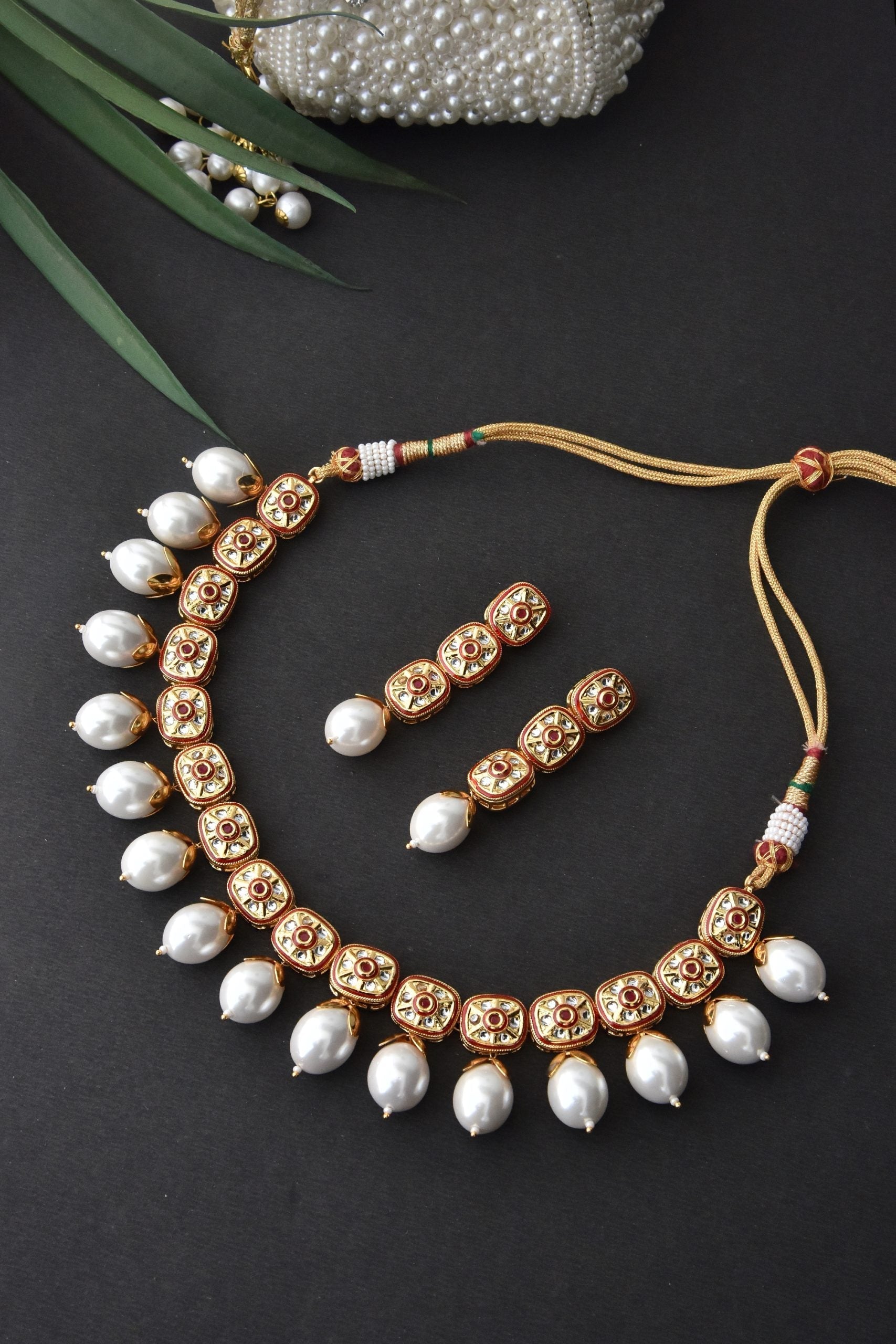 Red Gold Tone Pearl Necklace Set