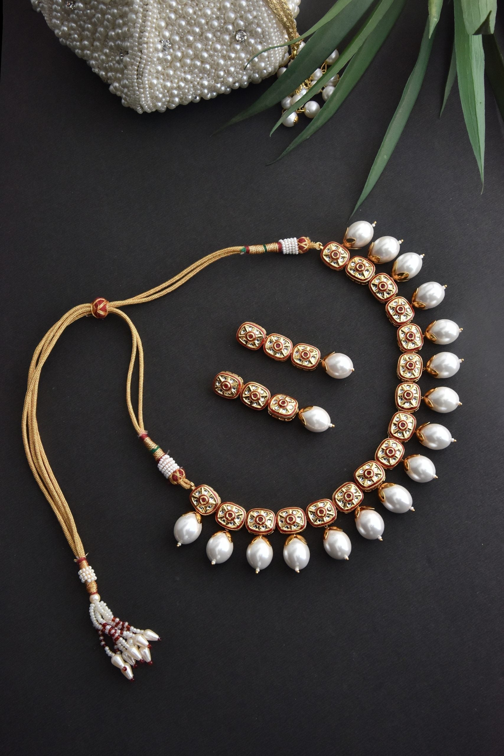 Red Gold Tone Pearl Necklace Set