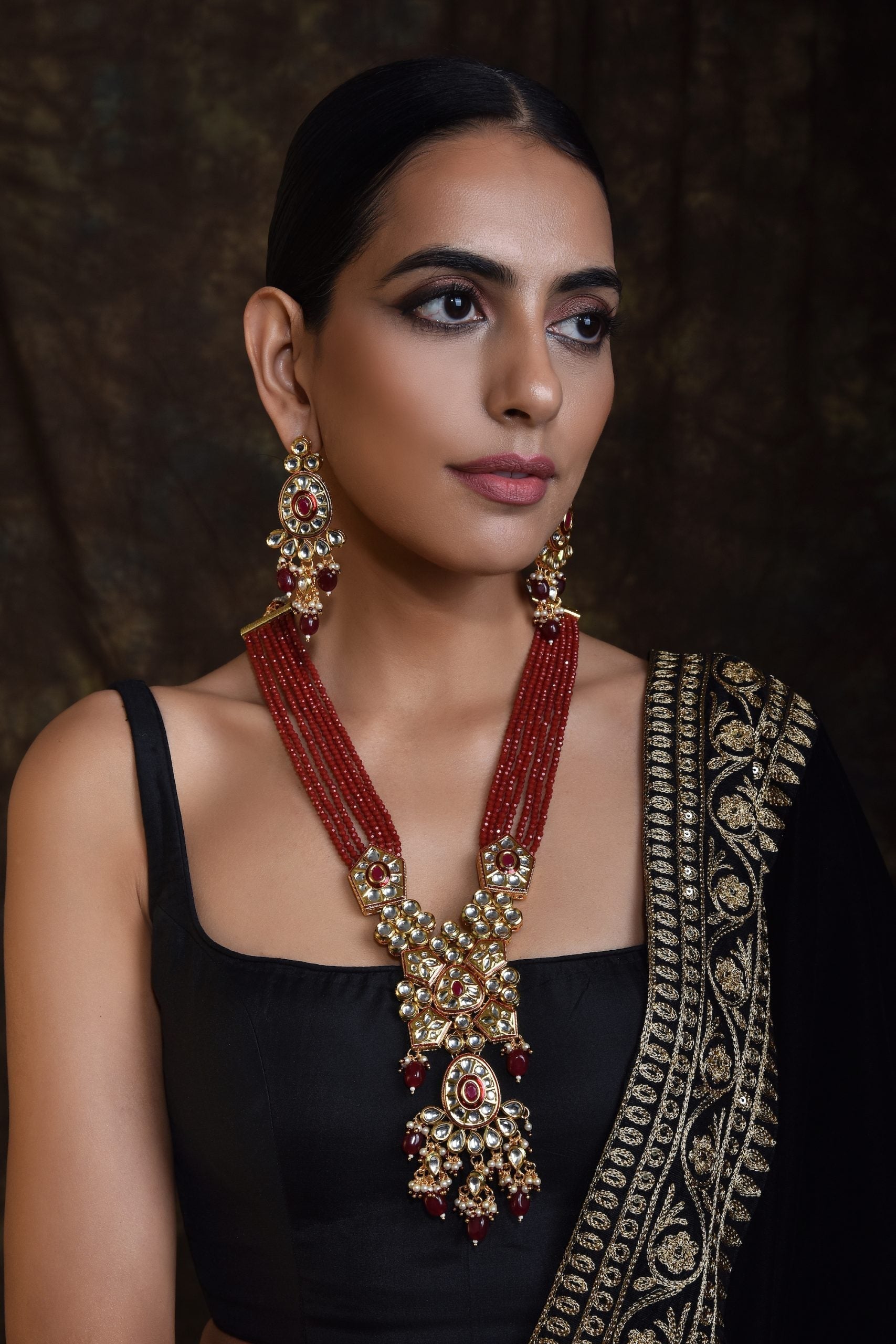 Red Gold Tone Kundan Long Necklace Set