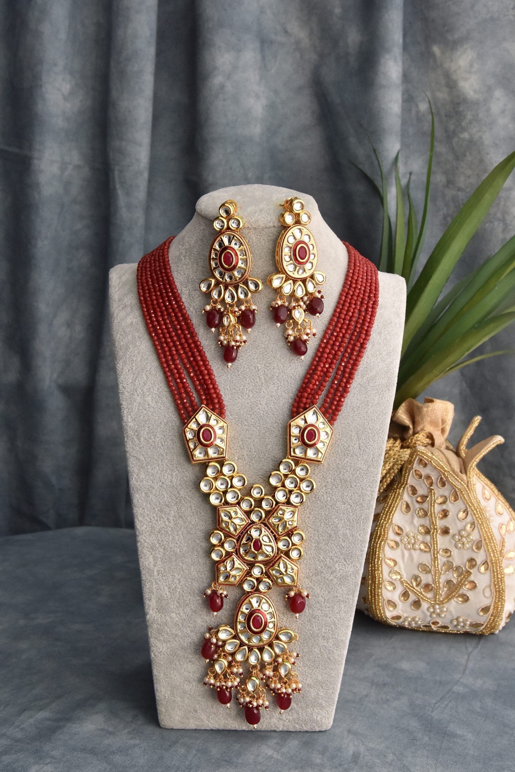 Red Gold Tone Kundan Long Necklace Set