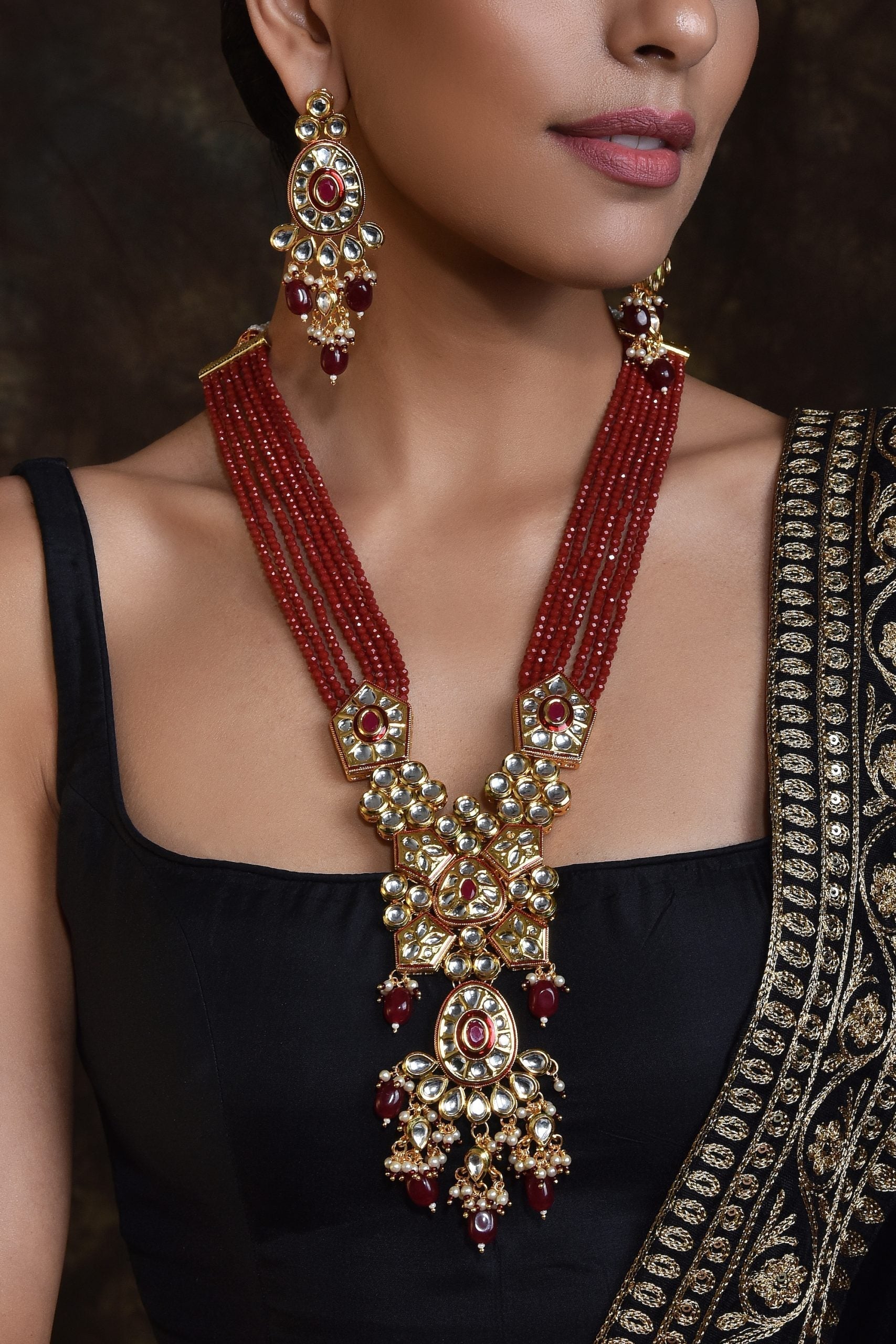 Red Gold Tone Kundan Long Necklace Set