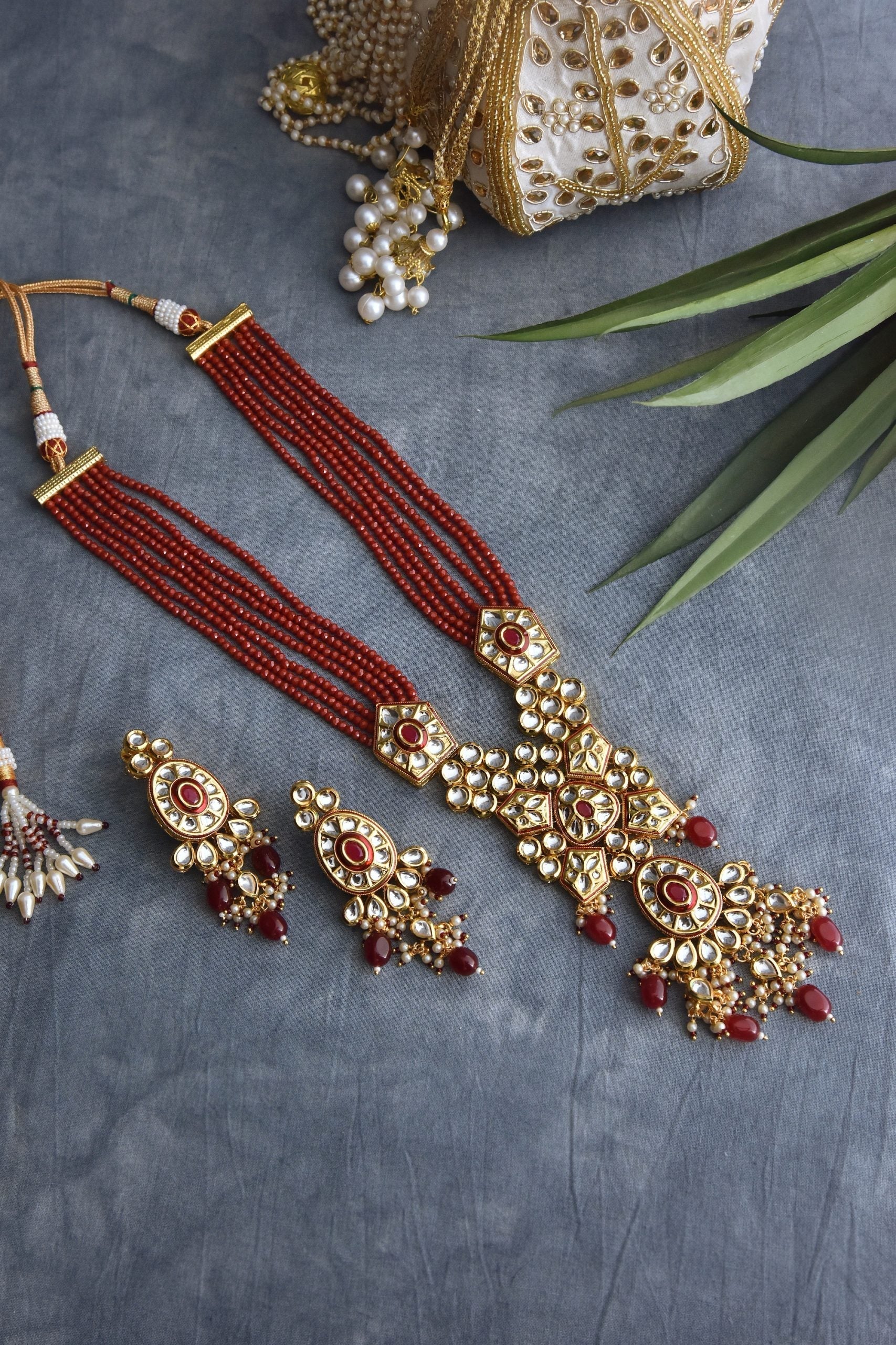 Red Gold Tone Kundan Long Necklace Set