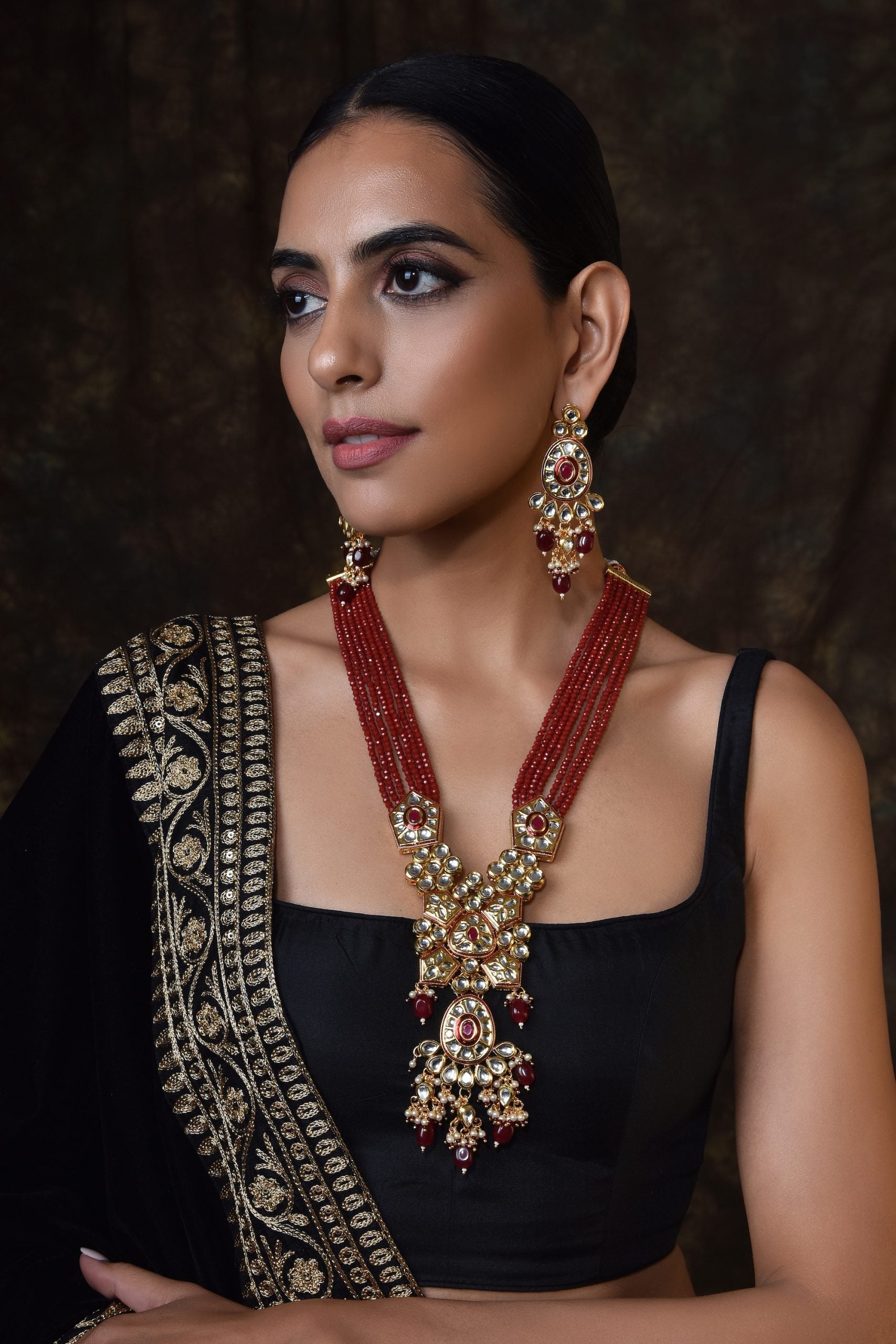 Red Gold Tone Kundan Long Necklace Set