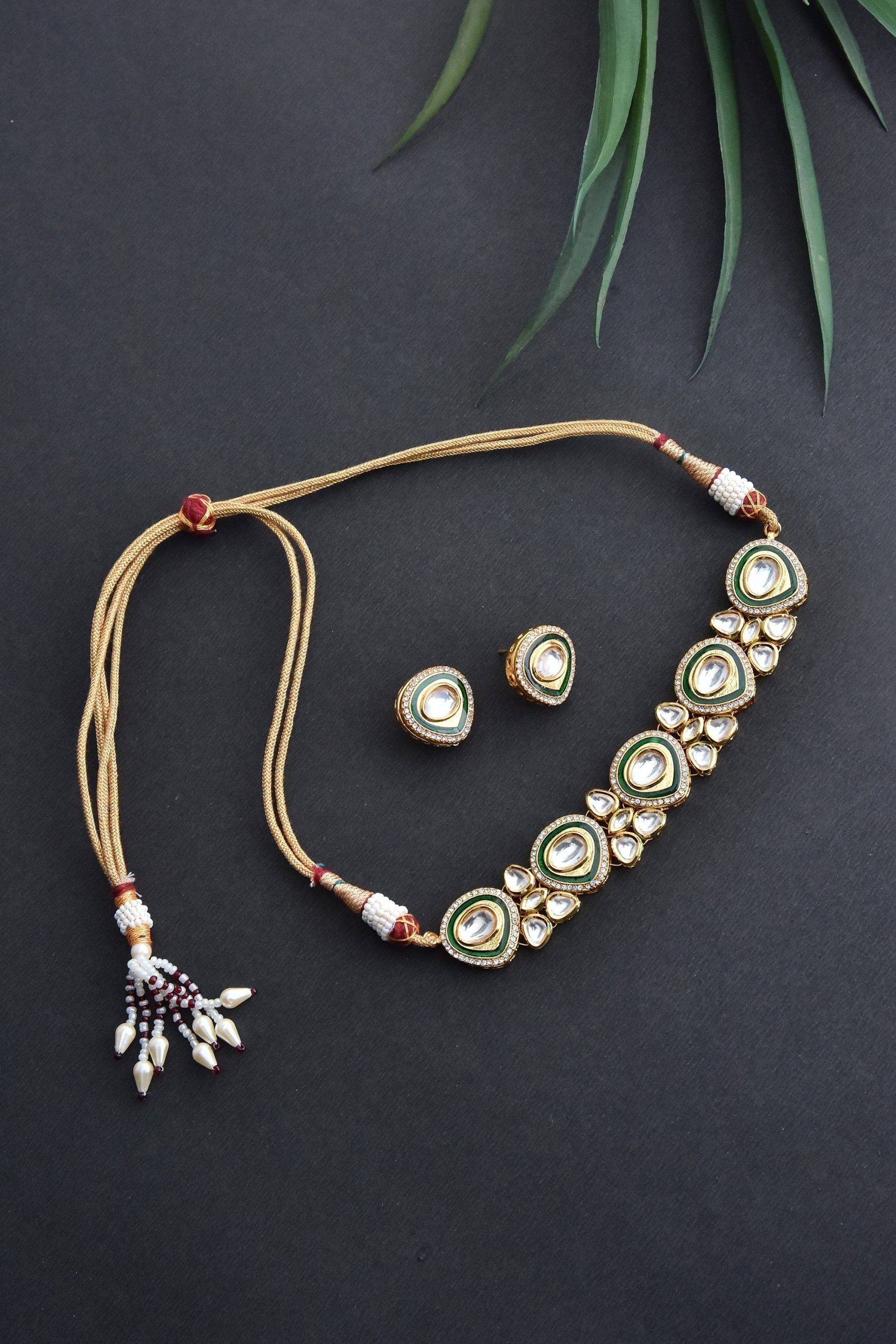 Green Gold Tone Kundan Choker Necklace Set