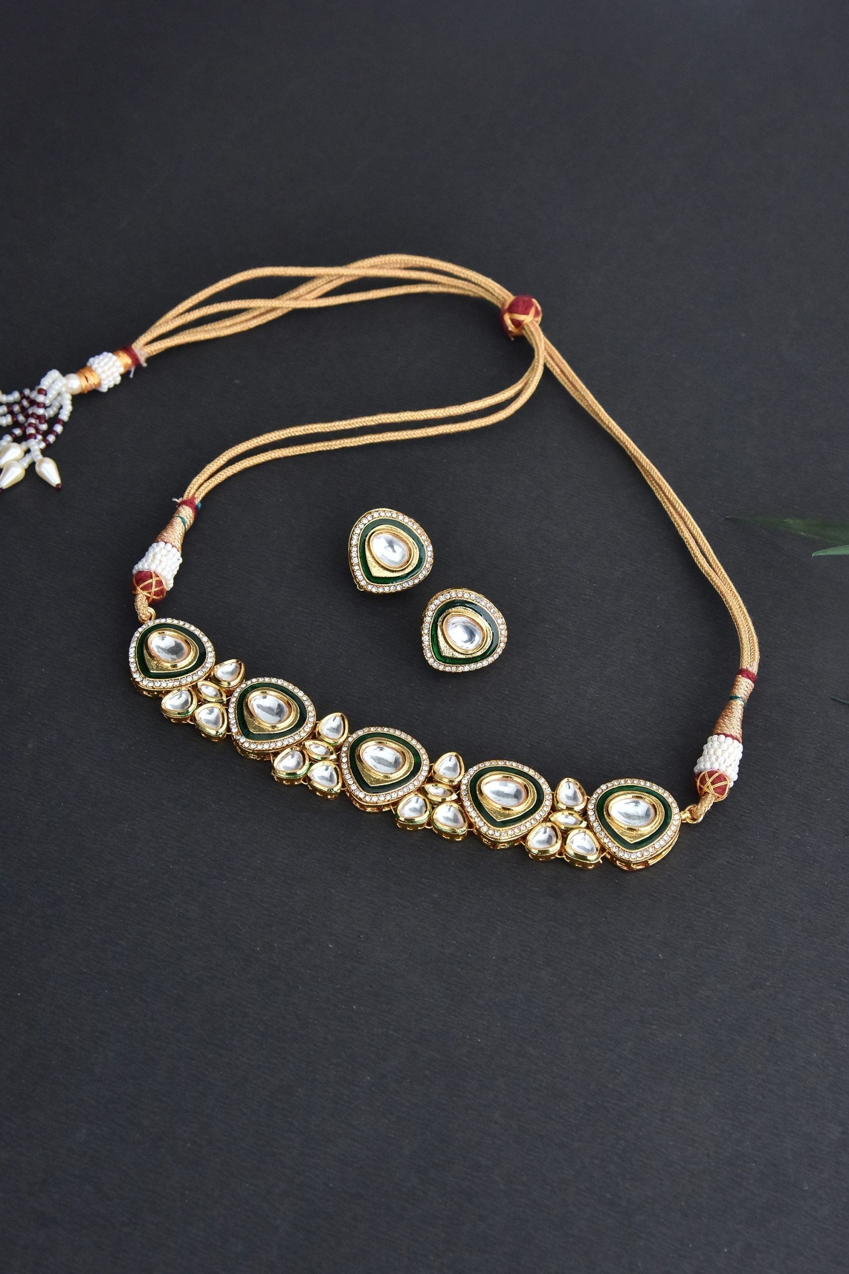 Green Gold Tone Kundan Choker Necklace Set