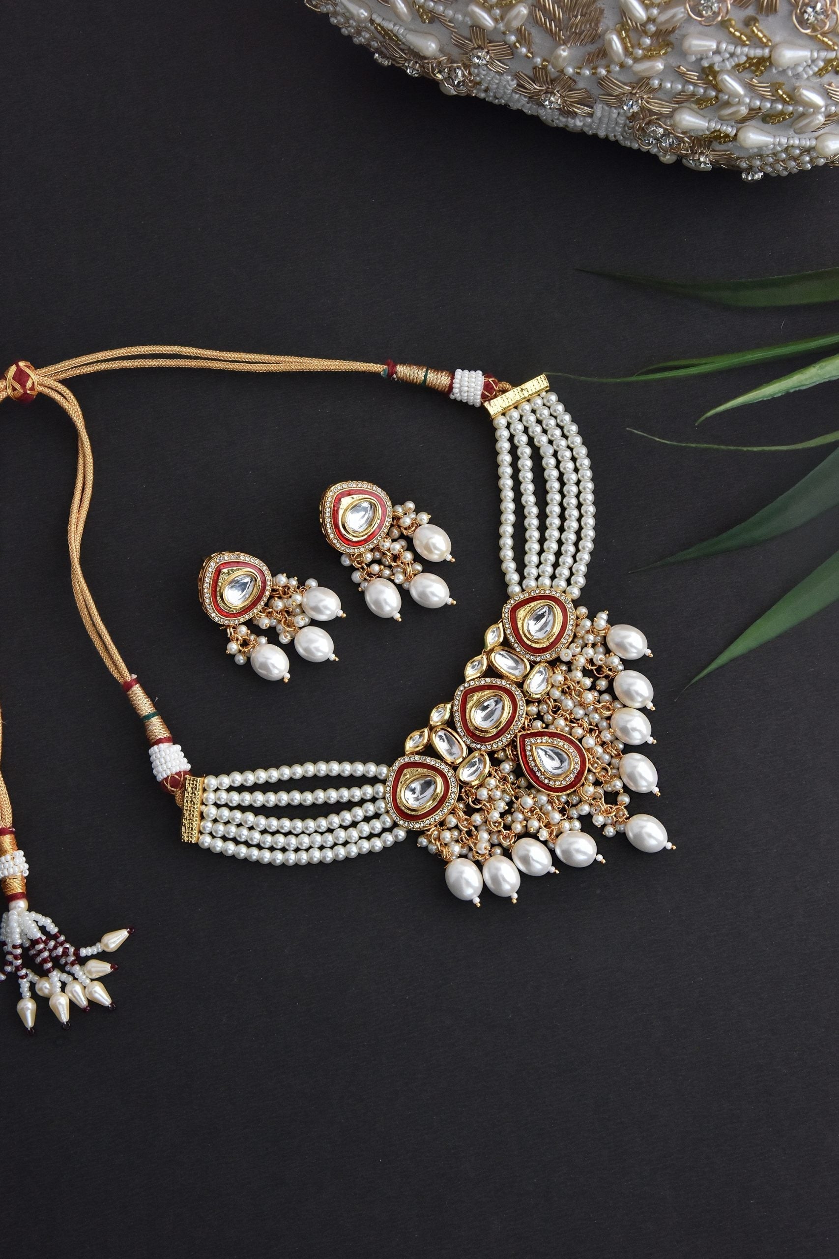 Red Gold Tone Polki Pearl Necklace Set