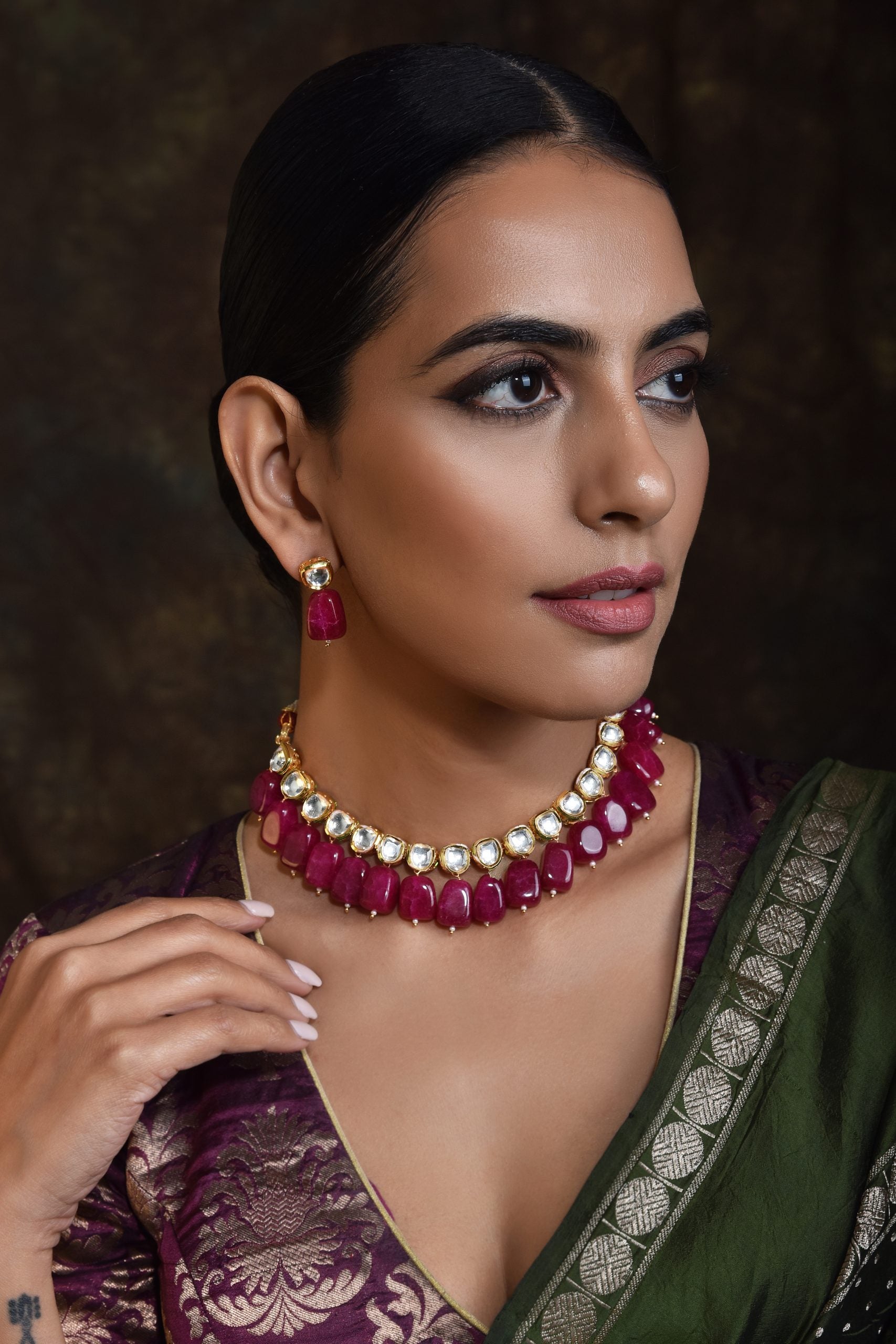 Maroon Gold Tone Kundan Necklace Set