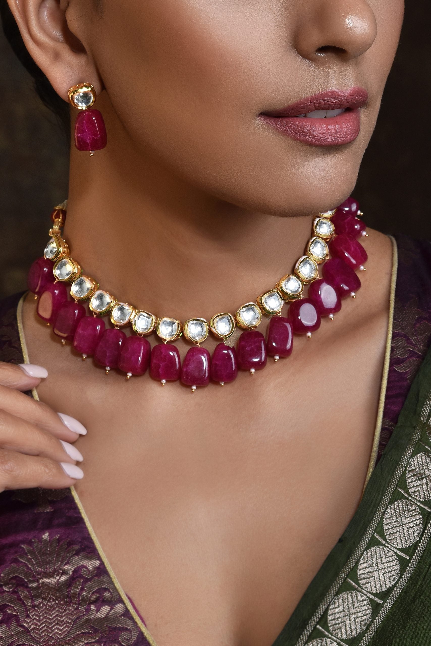 Maroon Gold Tone Kundan Necklace Set