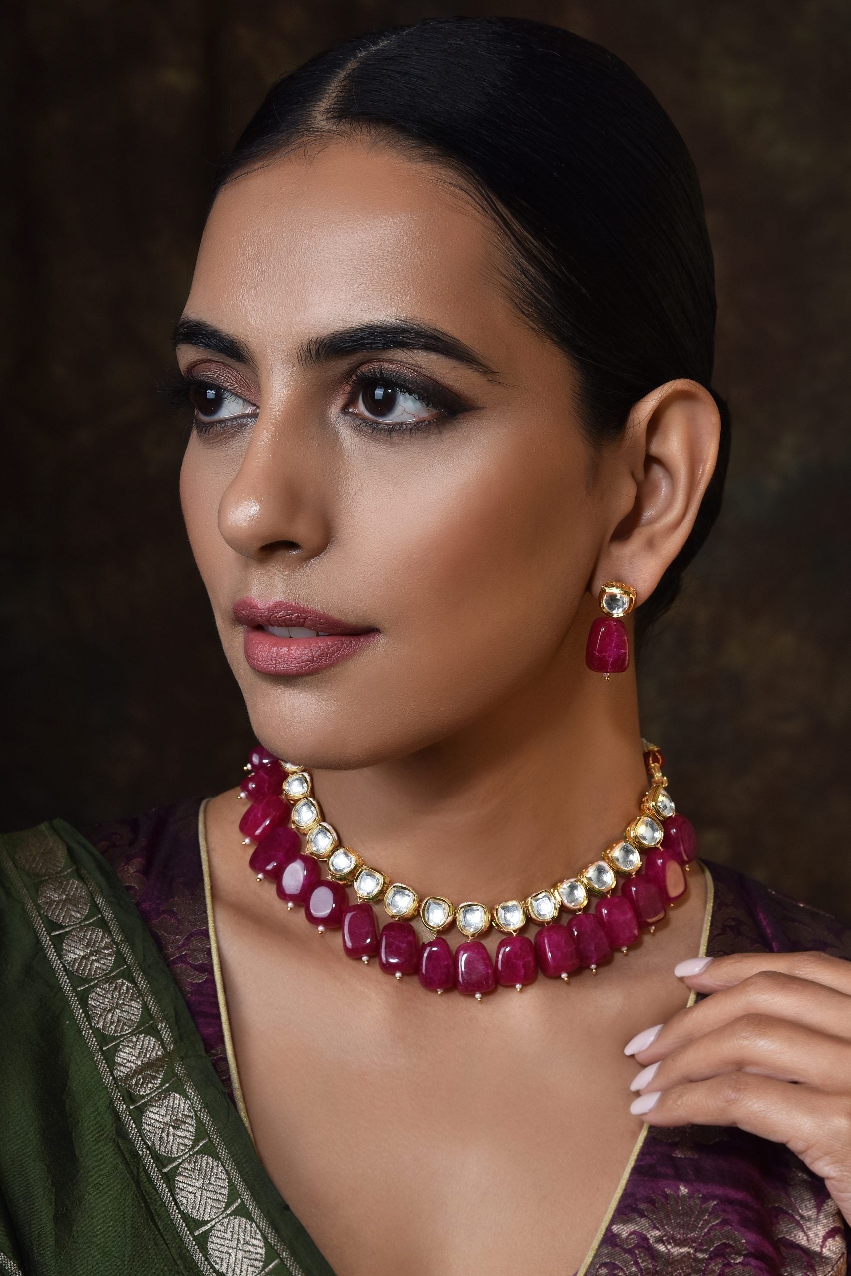 Maroon Gold Tone Kundan Necklace Set