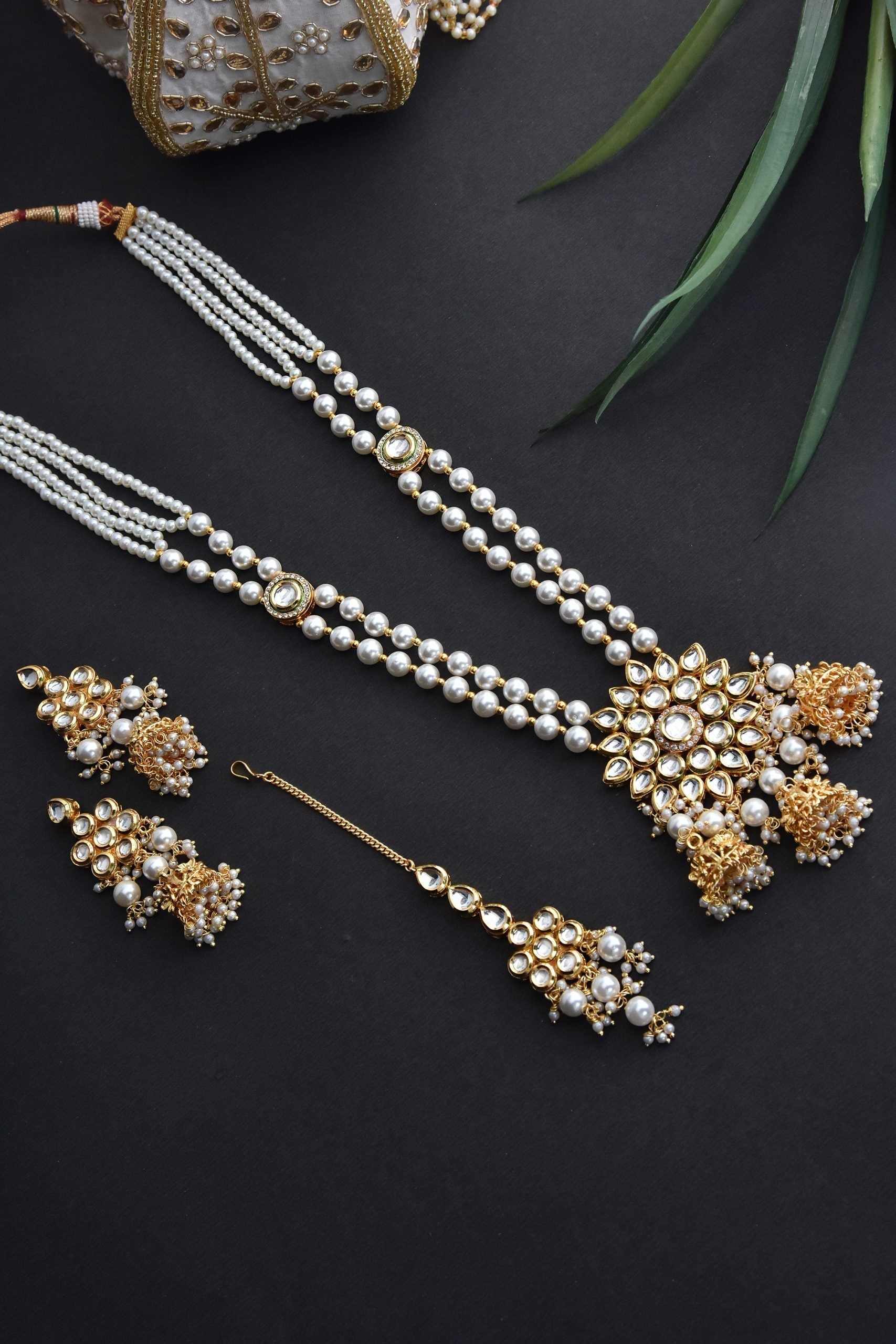 White Gold Tone Long Kundan Necklace Set with Maang Tikka