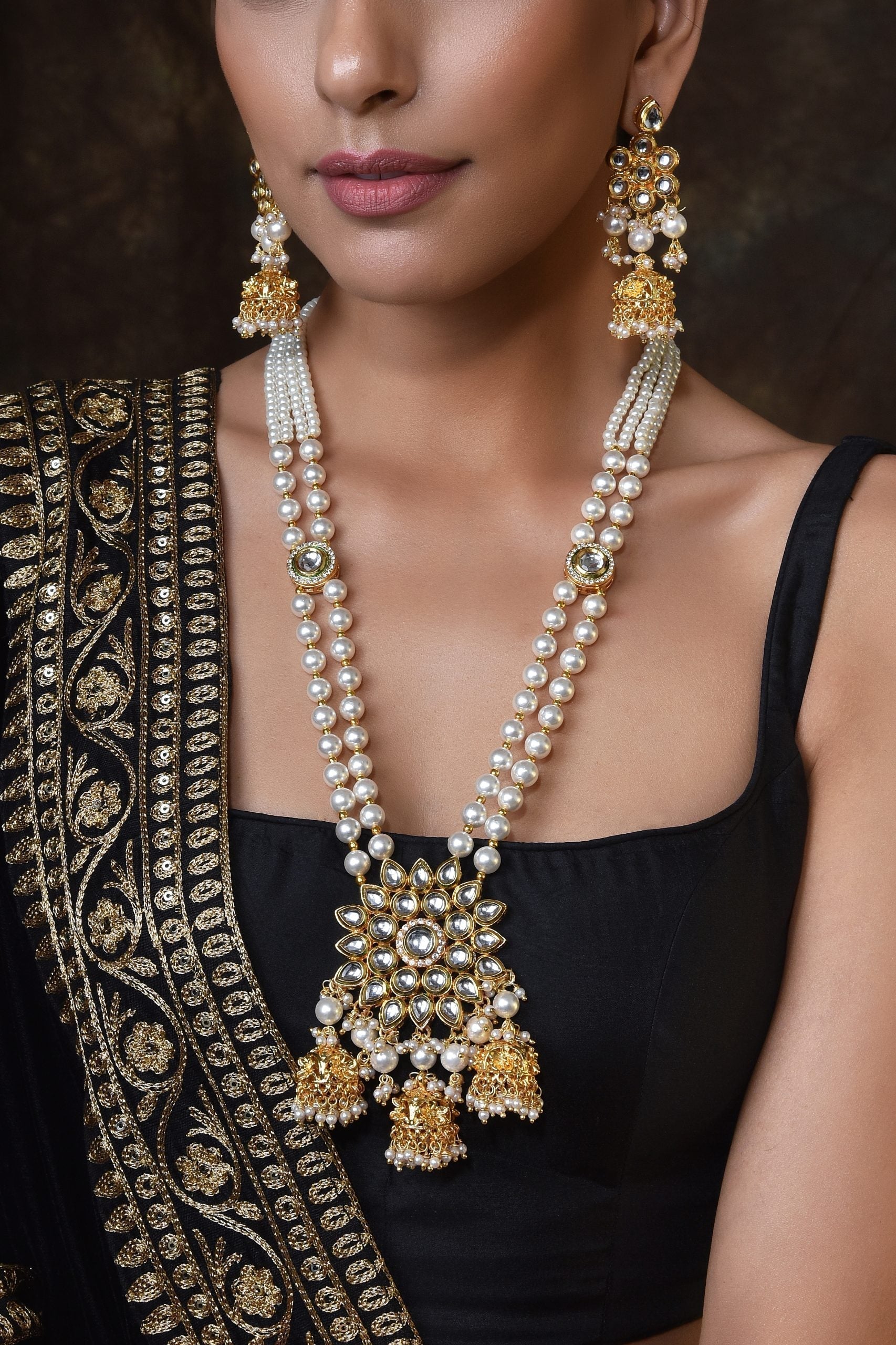 White Gold Tone Long Kundan Necklace Set with Maang Tikka